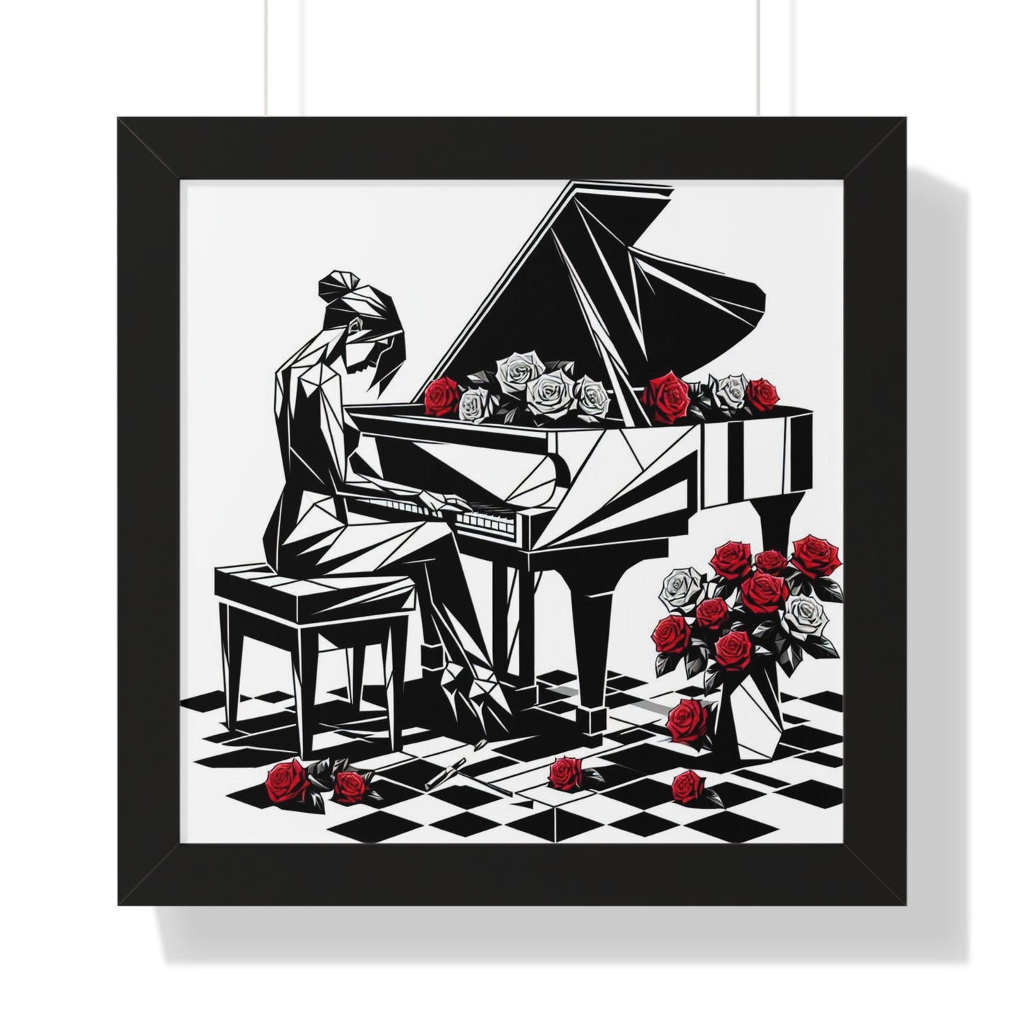 Vertical Poster - Black & White Grand Piano & Red Roses Wall Art