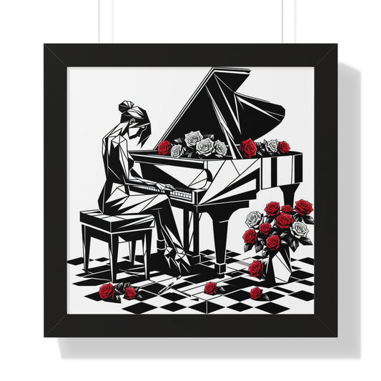 Vertical Poster - Black & White Grand Piano & Red Roses Wall Art