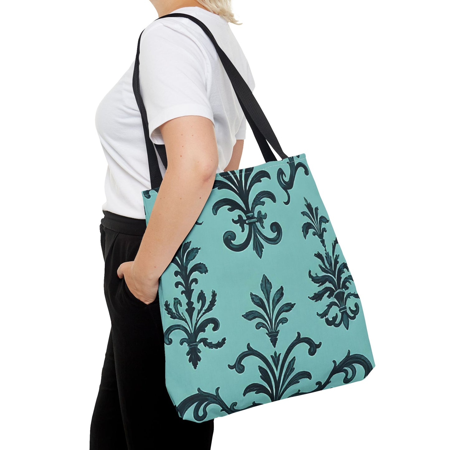 Chic Floral Tote Bag – Stylish Canvas Shopper, Gift for Her, Birthday Present, Everyday Use, Eco-Friendly, Floral Print - Teal Striped Rococo
