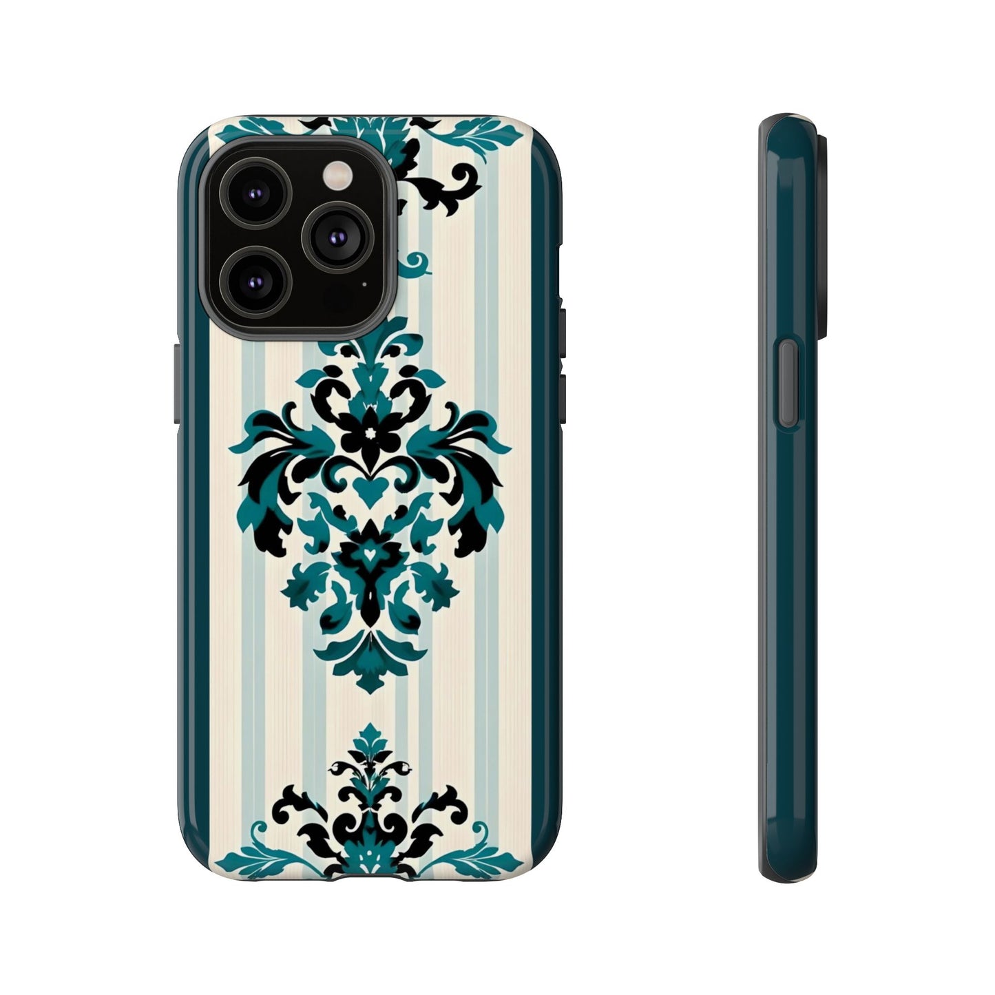 Elegant Floral Phone Case - Tough Cases with Vintage Design - Teal Striped Damask