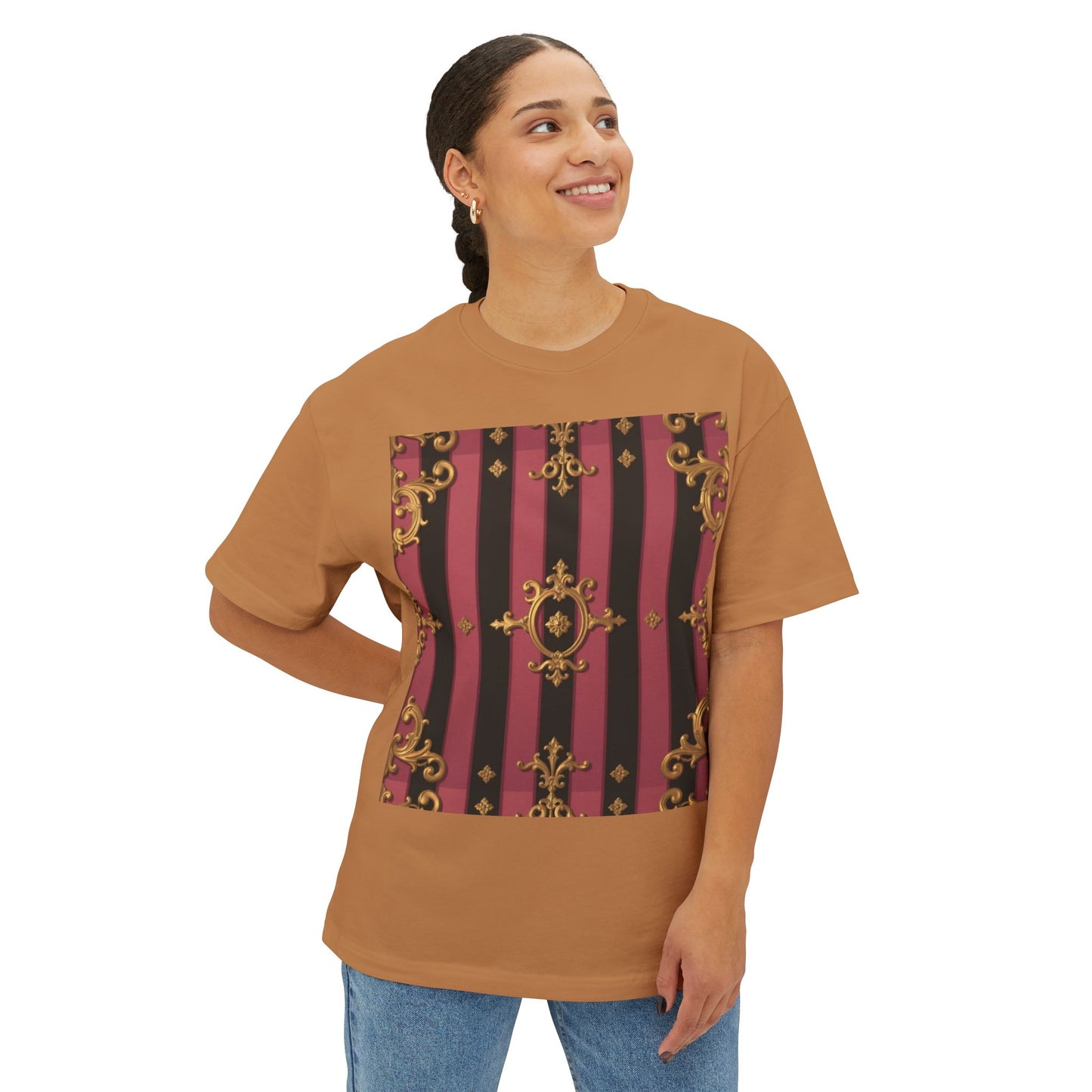 Stylish Black & Mauve Striped Gold Baroque Oversized Tee - Chic Statement Top, Casual Fashion, Perfect for Festivals