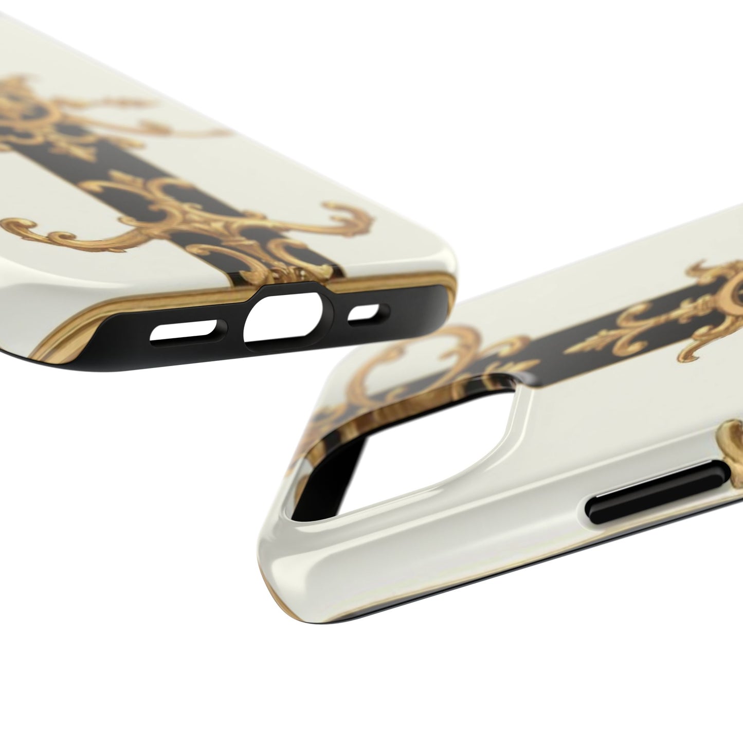 Elegant Baroque Tough Phone Case | Stylish Protection for Your Device, Gift for Her, Phone Accessories - Black & White Striped Gold Baroque