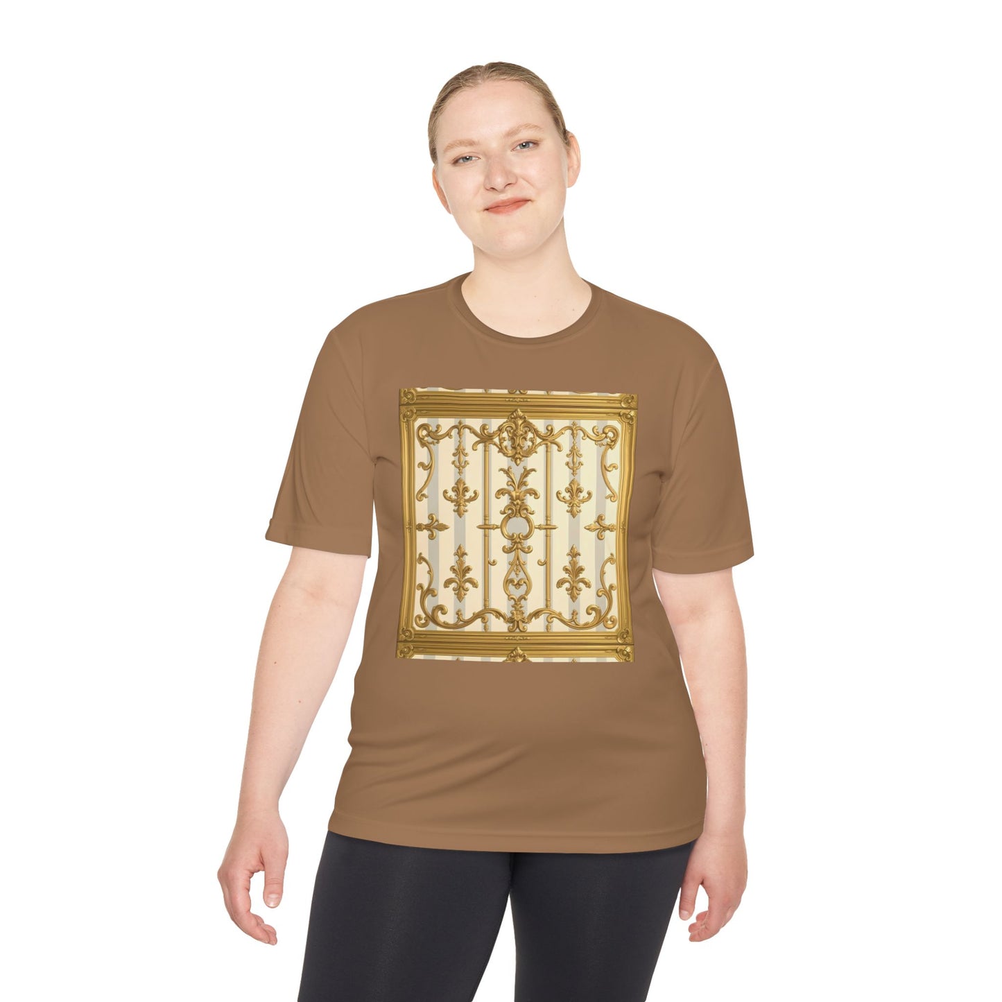 Elegant Gold Unisex Moisture Wicking Tee, Fashion Tee, Workout Shirt, Summer Style - Matte Gray & Cream Striped Gold Baroque