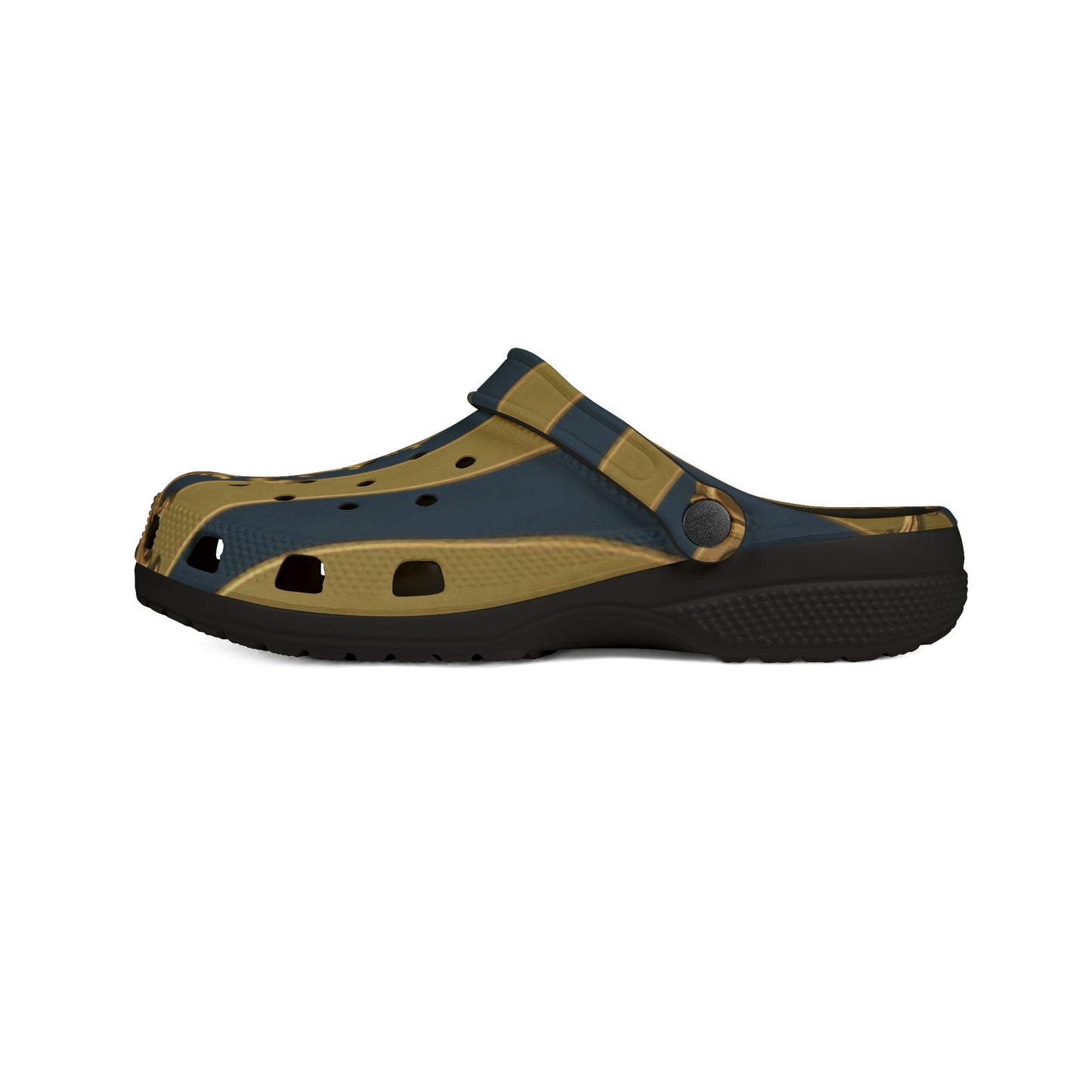Stylish Midnight Blue & Olive Striped Gold Baroque EVA Foam Clogs - Trendy Slip-On Shoes for Comfort and Fashion, Casual Footwear, Unique Gift