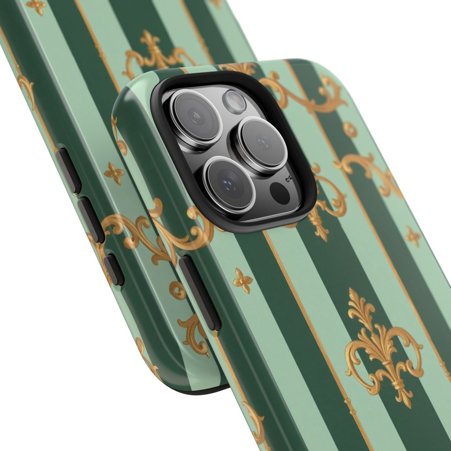 Elegant Floral Tough Phone Cases | Stylish Phone Protection, Gift for Her, Trendy Accessory, Unique Decor - Mint Green & Teal Striped Gold Baroque