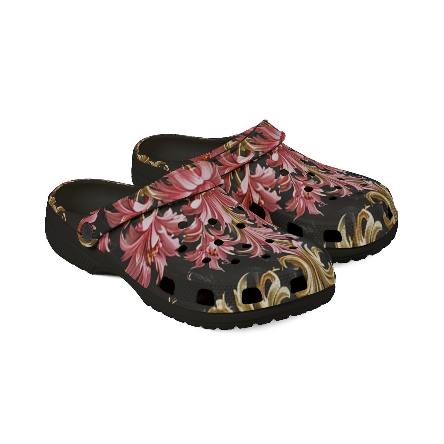 Floral Foam Clogs: Stylish Comfort Shoes for Everyday Wear, Garden Parties, Casual Outings - Black & Pink Oil Painting Style Rococo