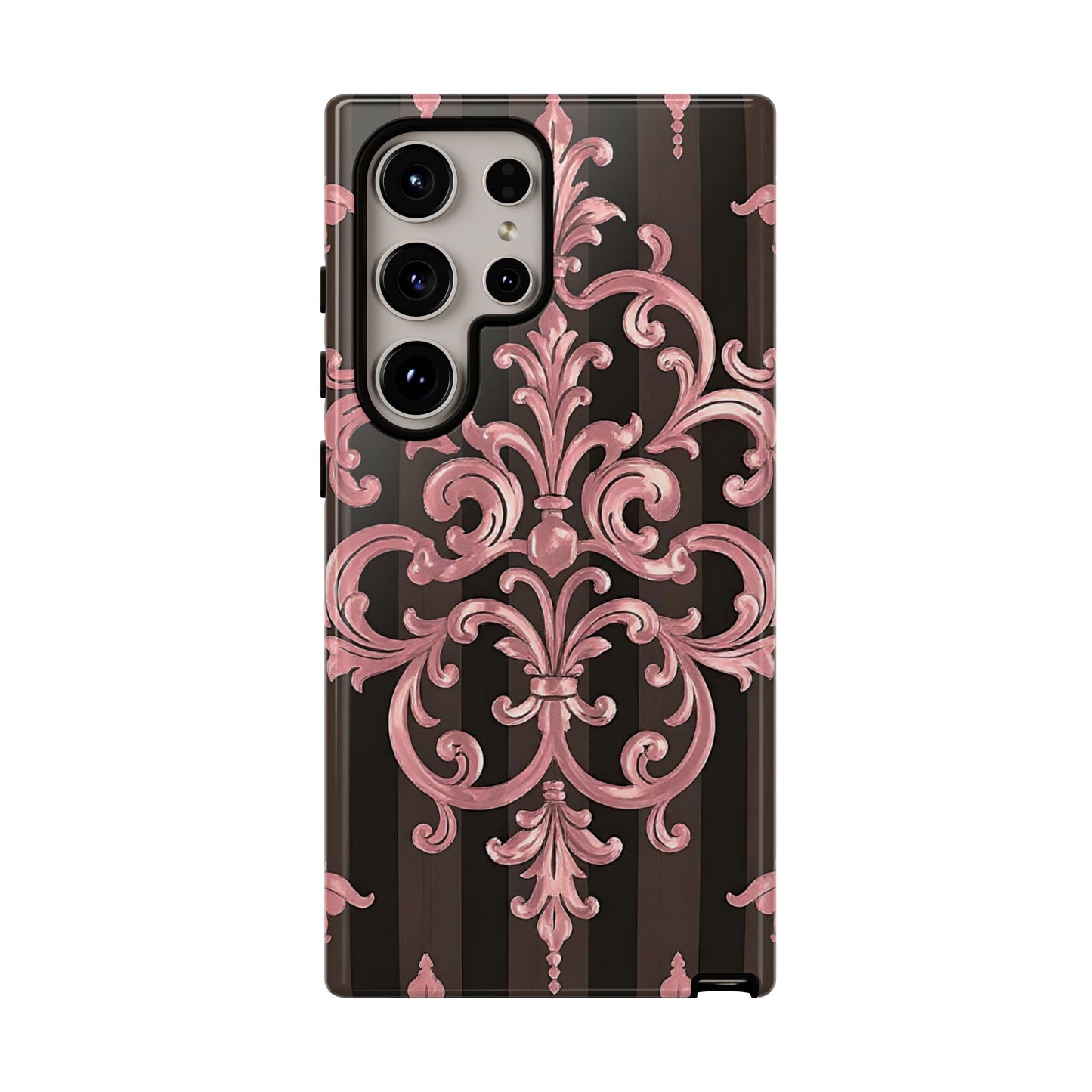 Elegant Floral Motif Phone Case - Tough Cases with Vintage Design - Brown Striped Mauve Damask
