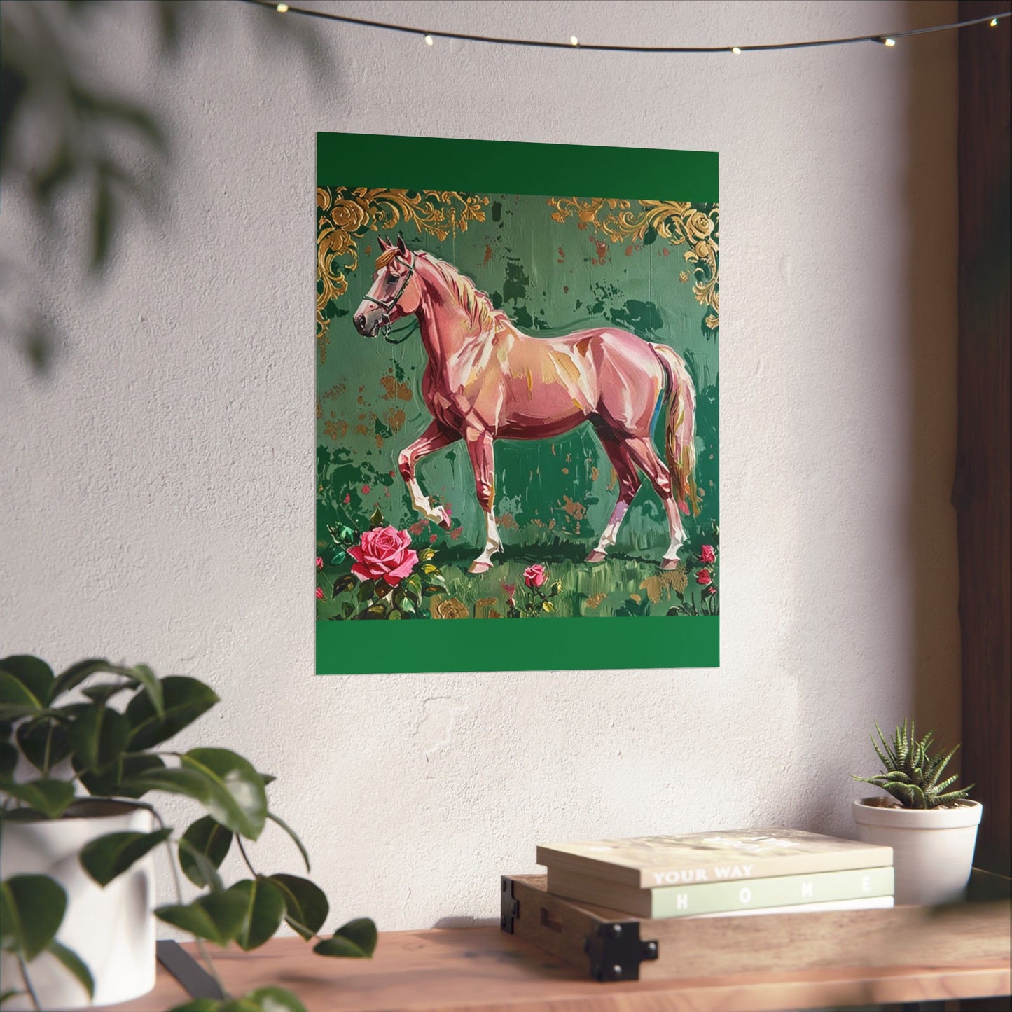 Floral Motif Art Poster - Elegant Matte Vertical Wall Decor - Pink Horse With Gold Damask & Roses