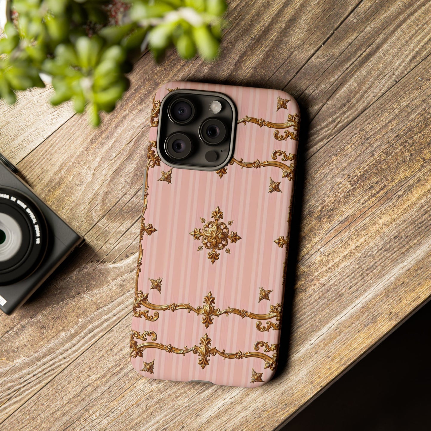 Elegant Floral Phone Case, Tough Cases for Women, Trendy Phone Cover, Chic Gift - Pink Striped Gold Baroque