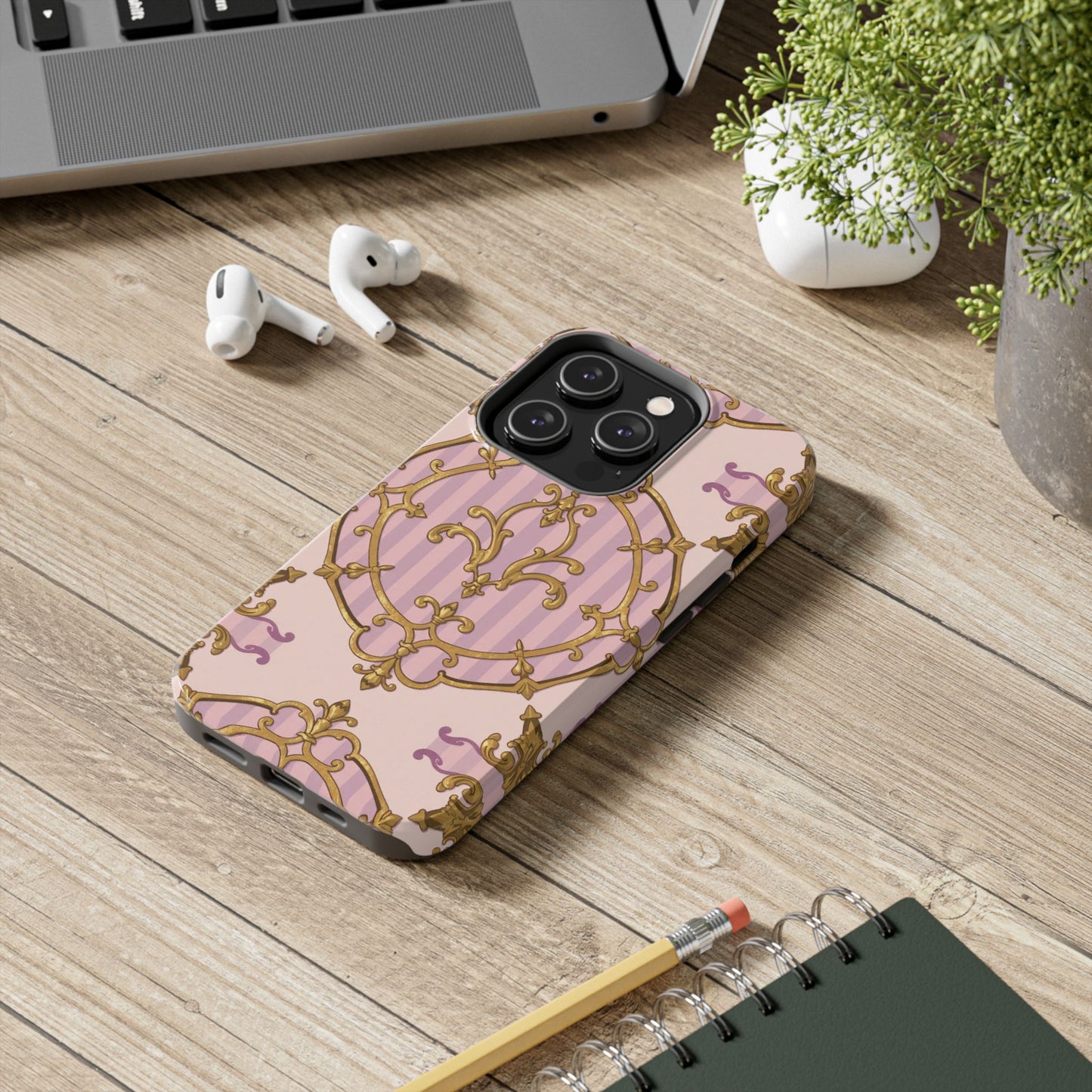 Elegant Vintage Phone Case, Tough Phone Case, Lavender & Alabaster Striped Gold Baroque Phone Cover, Stylish Phone Protector, Gift for Her