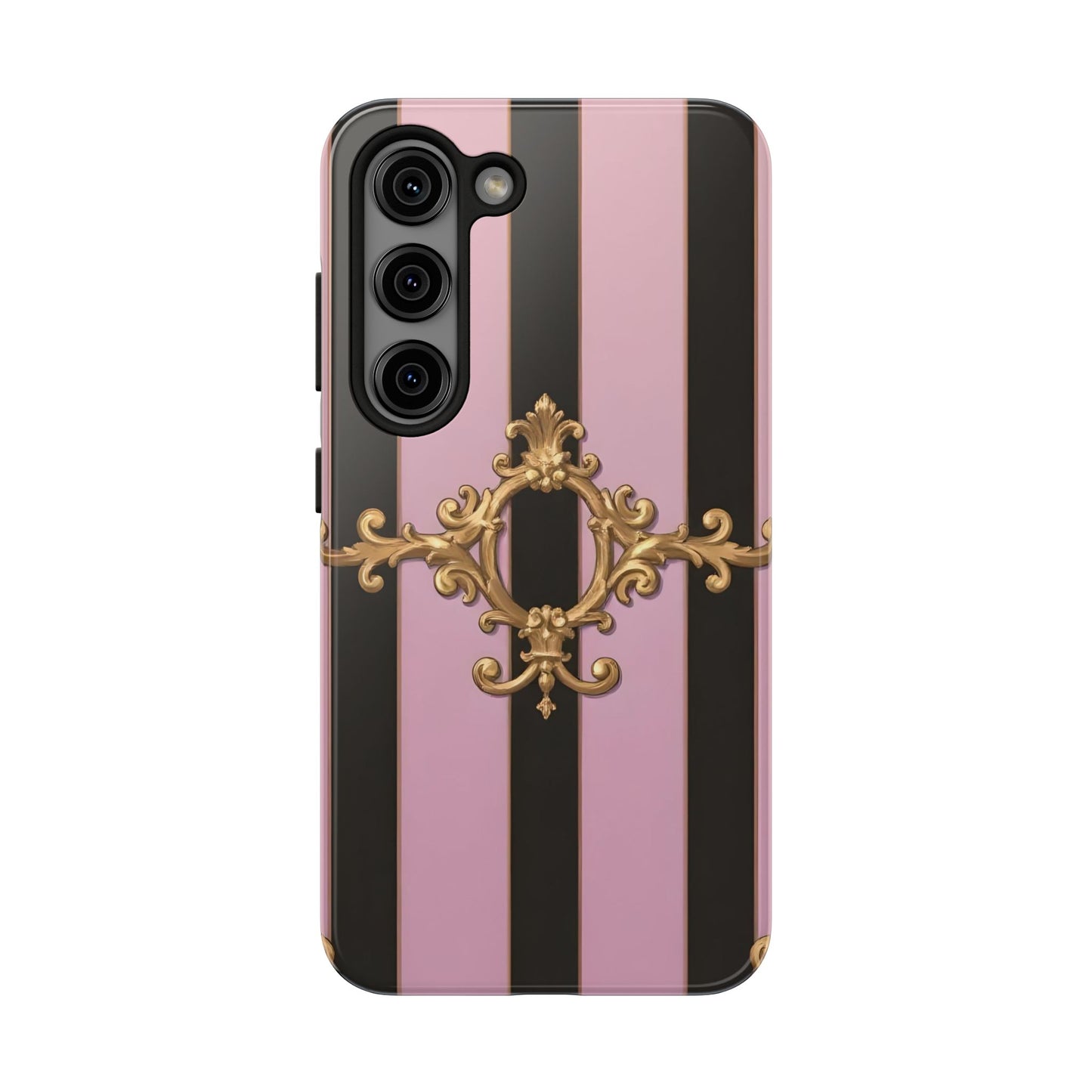 Stylish Tough Phone Case for Elegant Protection, Fashionable Accessories, Smartphone Cover - Matte Lavender & Black Striped Gold Baroque