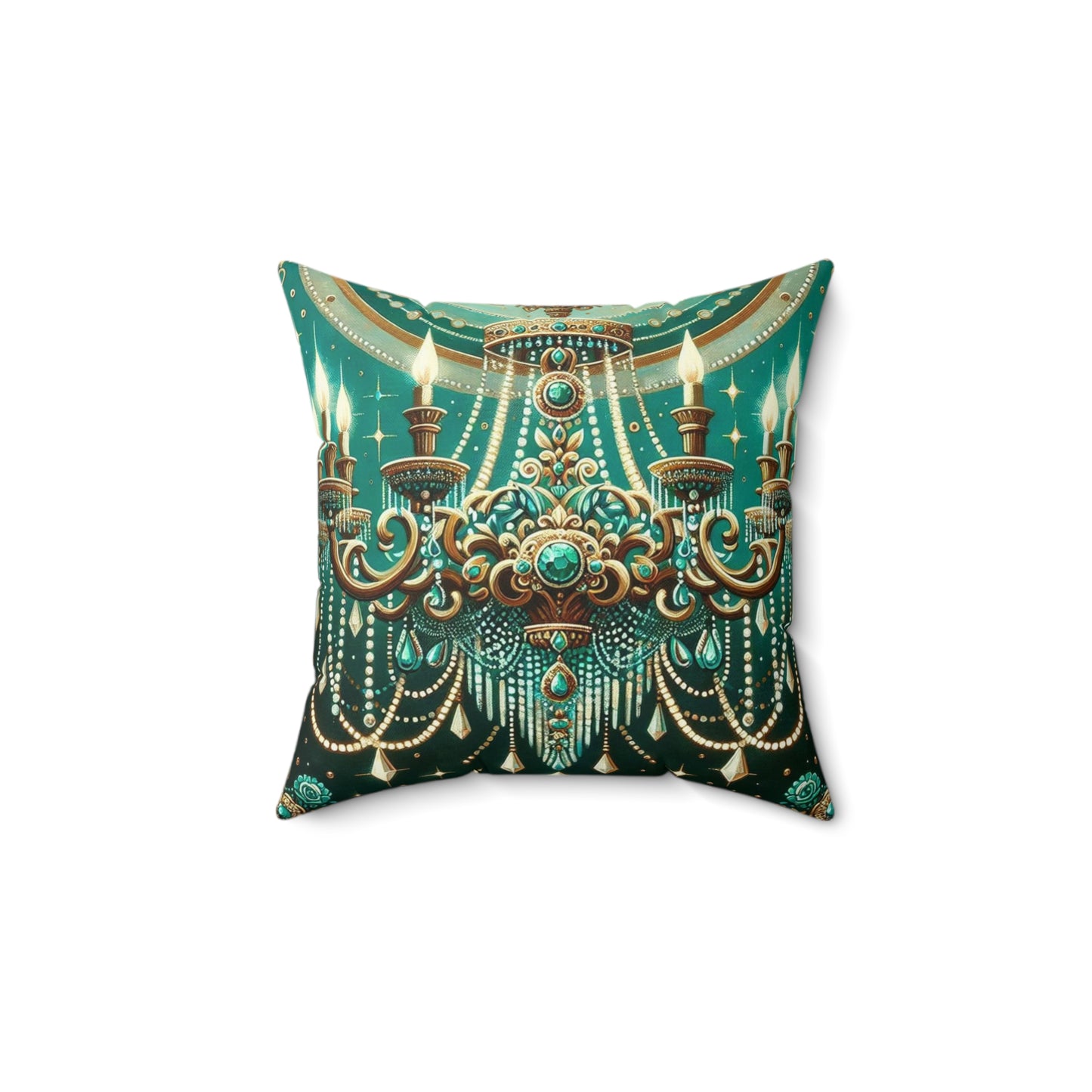Chandelier Elegance Pillow | Decorative Throw Cushion, Bohemian Home Decor, Luxury Accent Pillow - Green & Gold Jeweled Chandelier