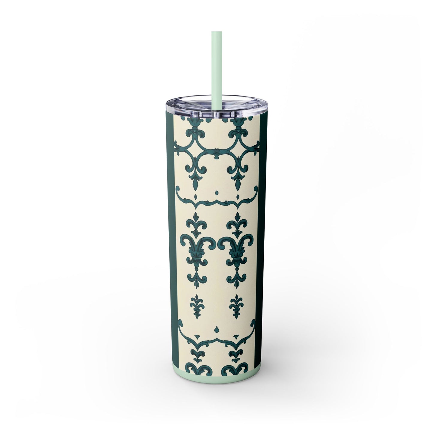 Elegant Floral Skinny Tumbler, 20oz - Stylish Travel Mug for Home, Coffee Lover Gift, Eco-Friendly Drinkware, Party Favor - Teal Striped Rococo