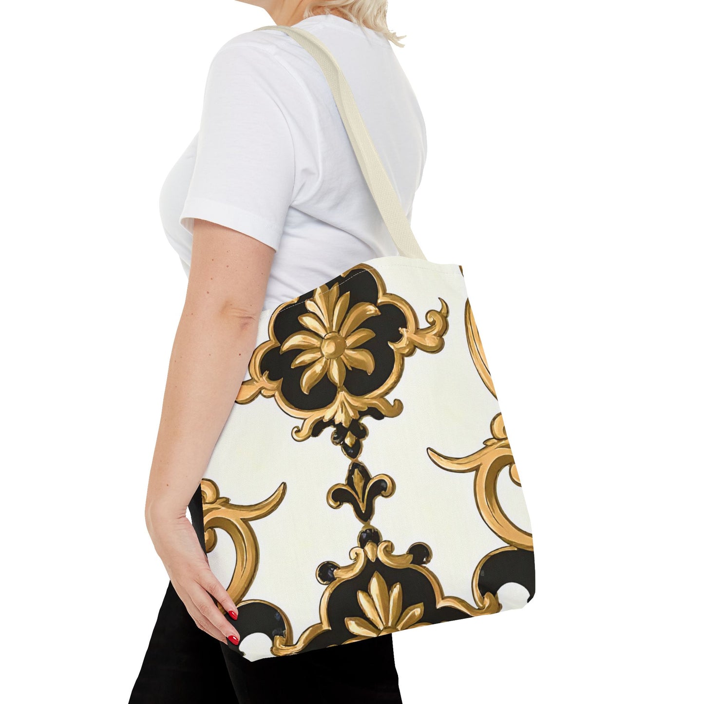 Elegant Floral Tote Bag | Stylish Reusable Bag for Everyday Use, Gift for Her, Shopping, Beach, Travel, Eco-Friendly - Black & Gold Rococo