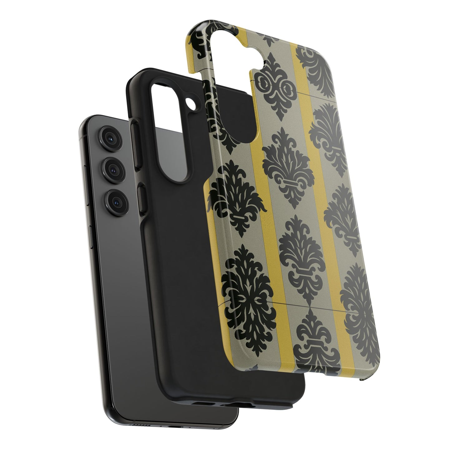 Elegant Baroque Tough Phone Cases | Chic Phone Protection | Gift for Her | Stylish Accessory | Holiday Gift Idea | Silver & Gold Striped Black Baroque