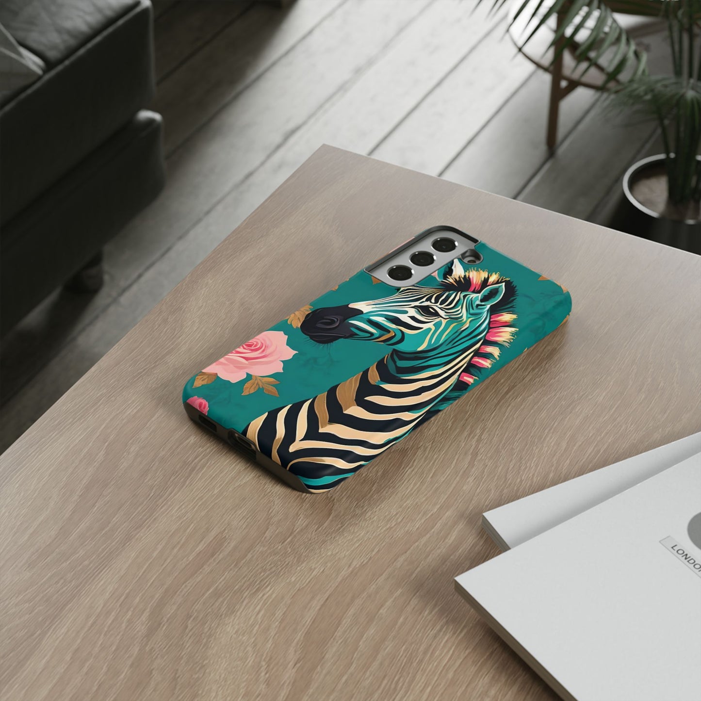 Phone Case - Elegant Teal & Gold Zebra & Roses Design