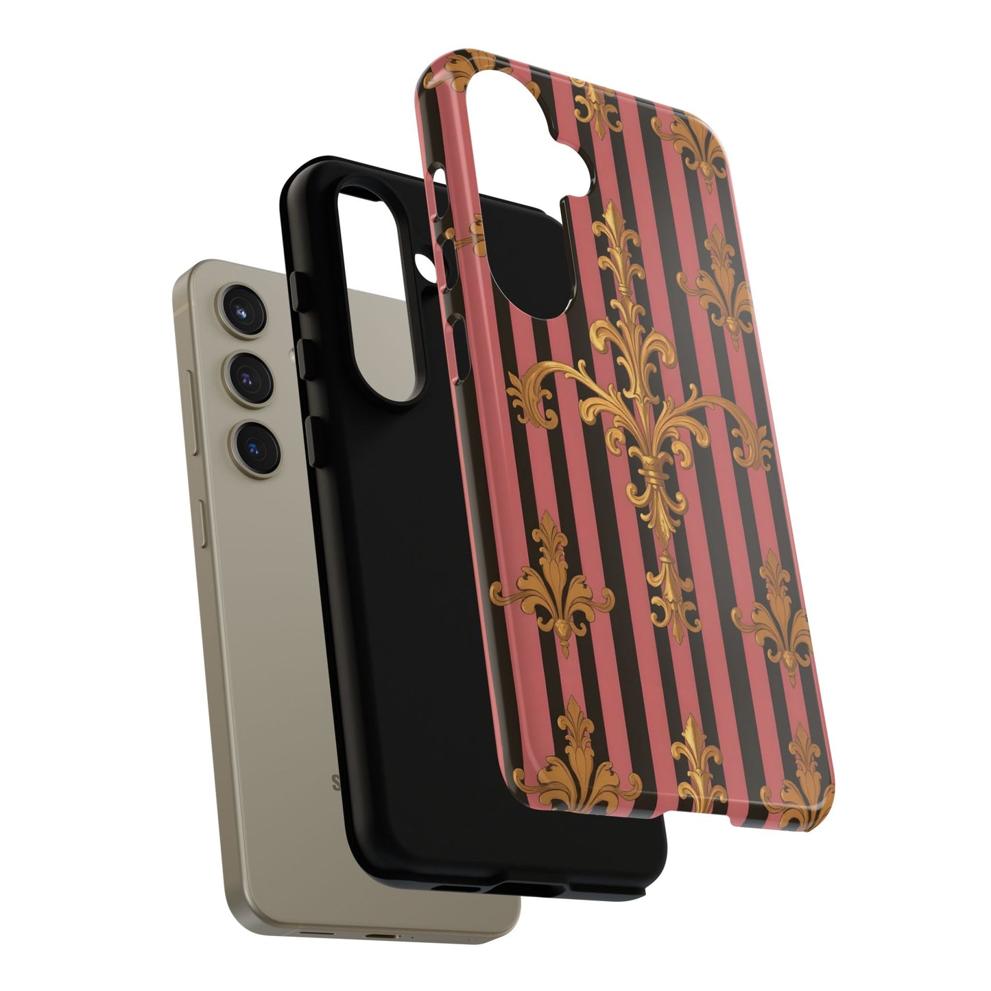Elegant Floral Motif Phone Case - Tough Cases with Vintage Design - Mauve Striped Gold Damask