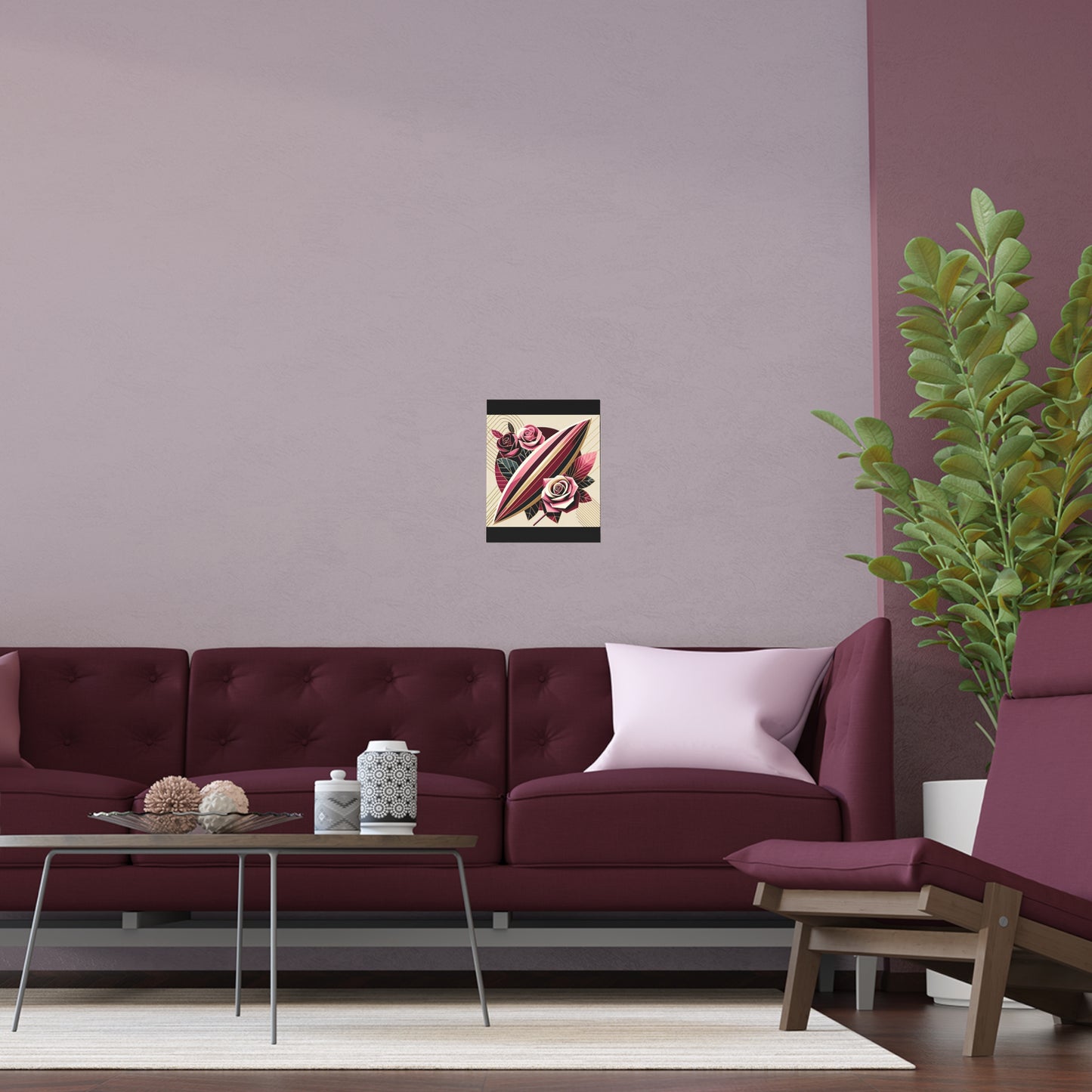 Elegant Floral Silk Poster - Indoor/Outdoor Wall Art for Home Decor - Pink & Burgundy Striped Surfboard & Roses
