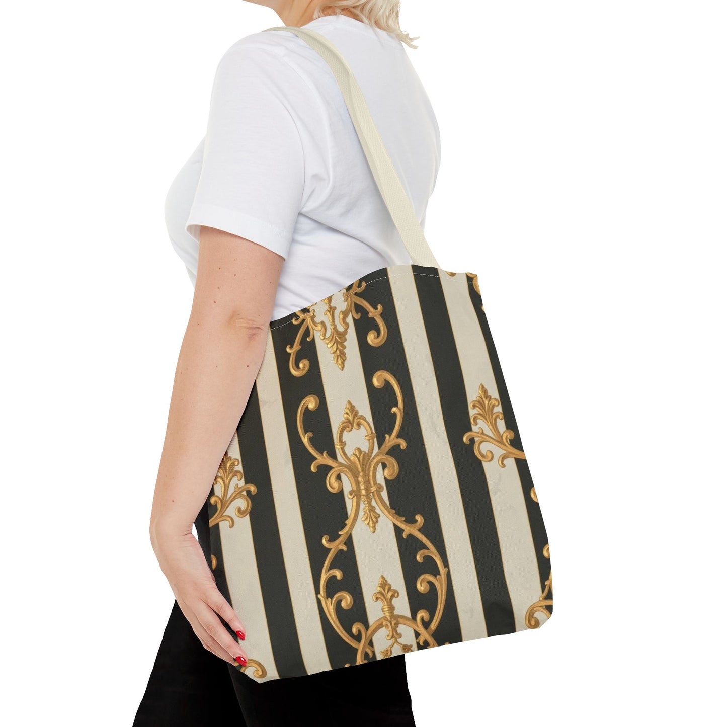 Elegant Black & Alabaster Striped Baroque Tote Bag, Stylish Shopping Bag, Fashion Accessory, Gift for Her, Reusable Bag, Perfect for Events