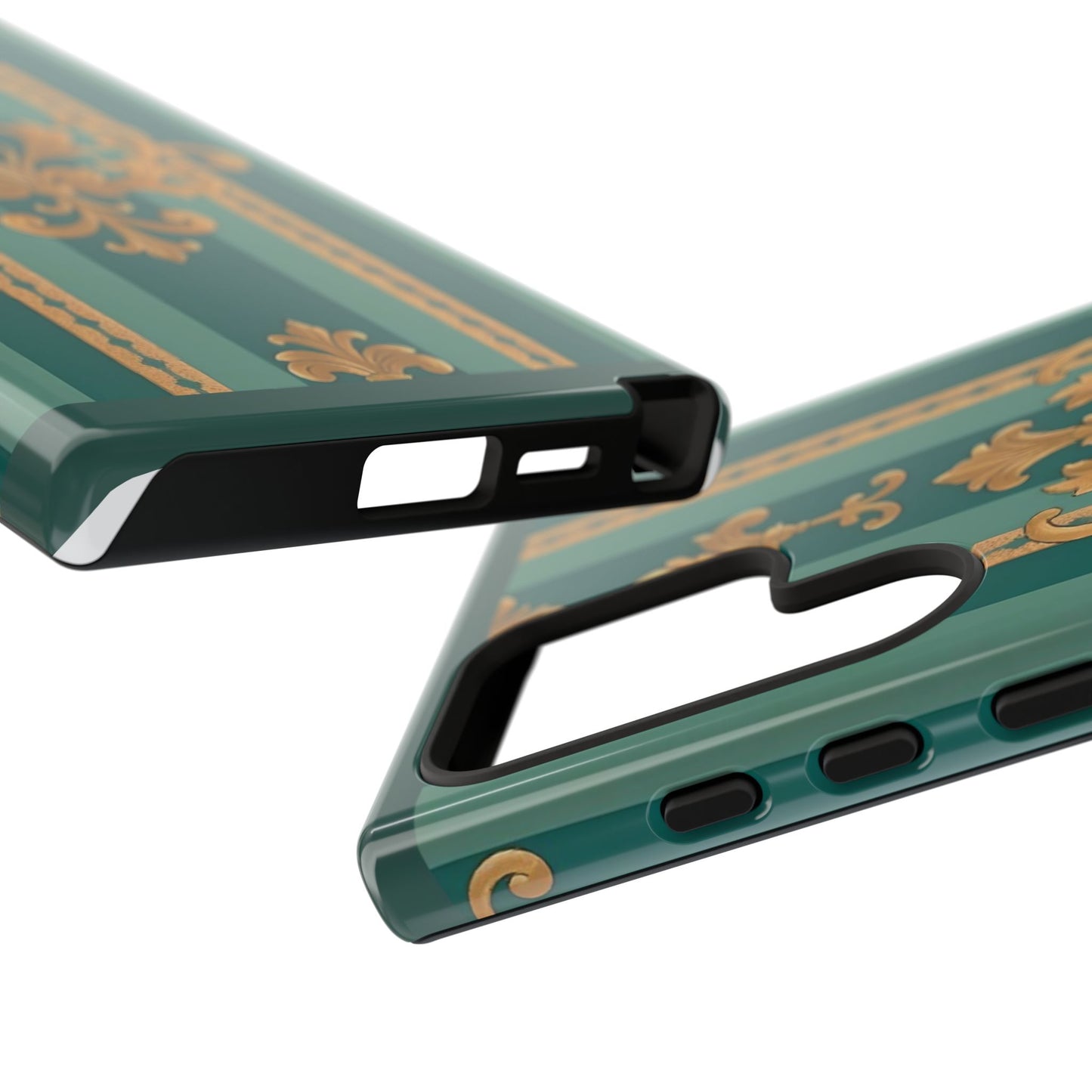 Elegant Floral Motif Phone Case - Tough Cases with Vintage Design - Teal Striped Gold Damask