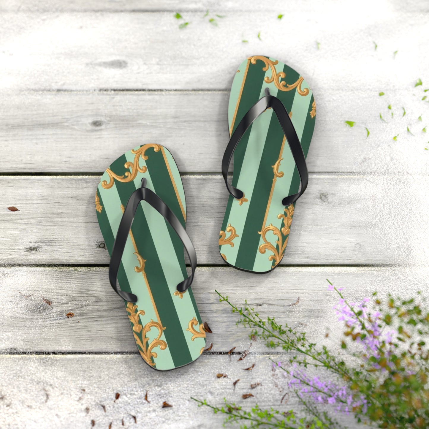 Elegant Patterned Flip Flops for Summer Fun, Beach Sandals, Casual Footwear, Vacation Essentials - Mint Green & Teal Striped Gold Baroque