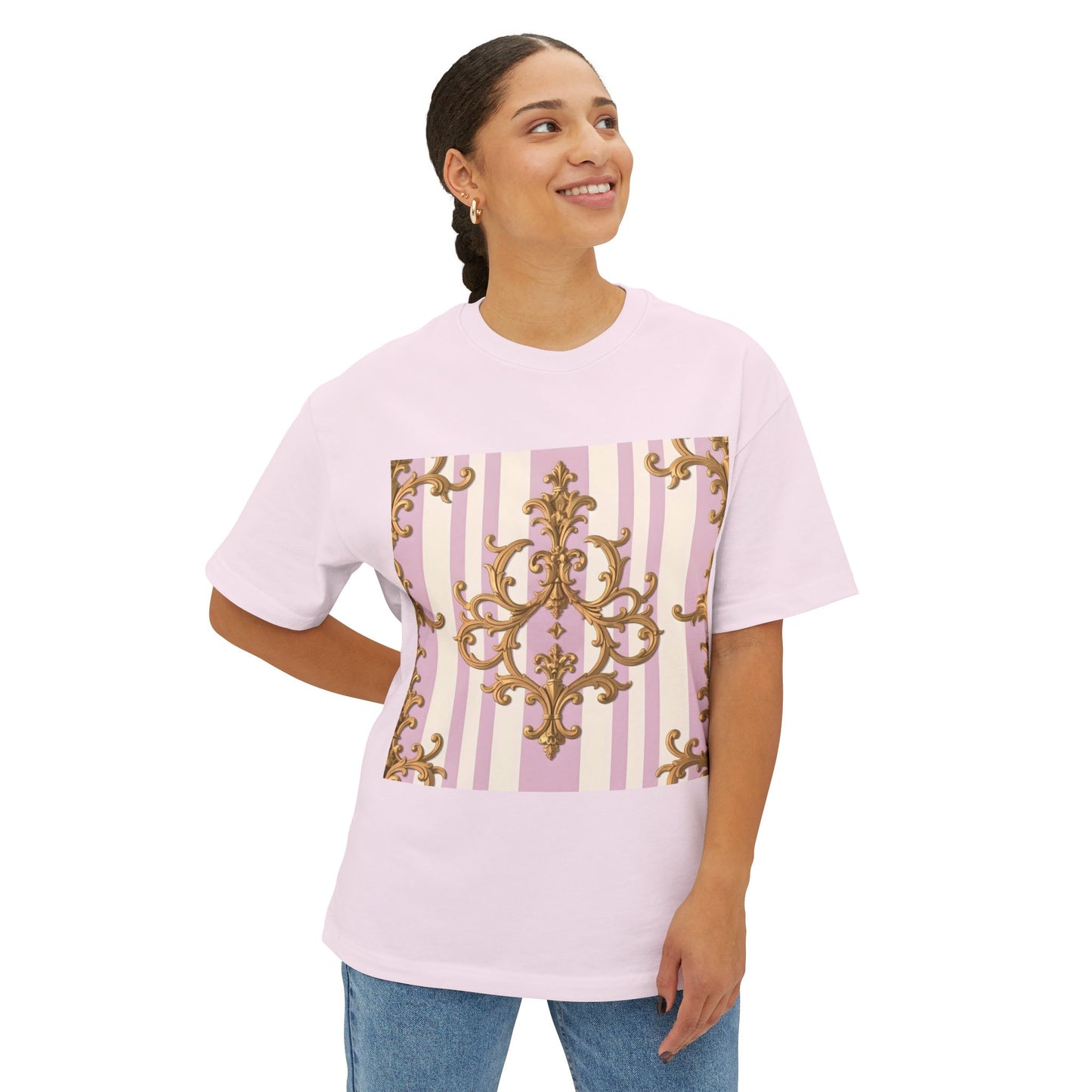 Chic Oversized Boxy Tee for Stylish Comfort, Casual Wear, Graphic Tee, Trendy Fashion, Gifts for Her - Lilac & Alabaster Striped Gold Baroque