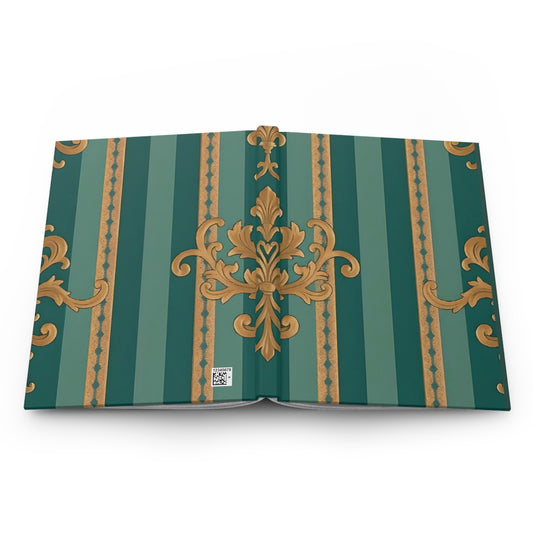 Elegant Floral Motif Hardcover Journal - Stylish Writing Notebook - Teal Striped Gold Damask