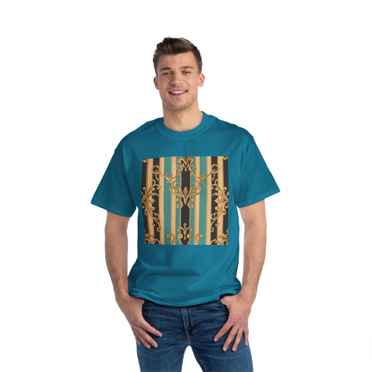 Chic Black, Tan & Ocean Green Striped Gold Baroque Vintage Pattern T-Shirt - Art Shirt, Stylish Casual Wear, Gifts & Everyday Fashion