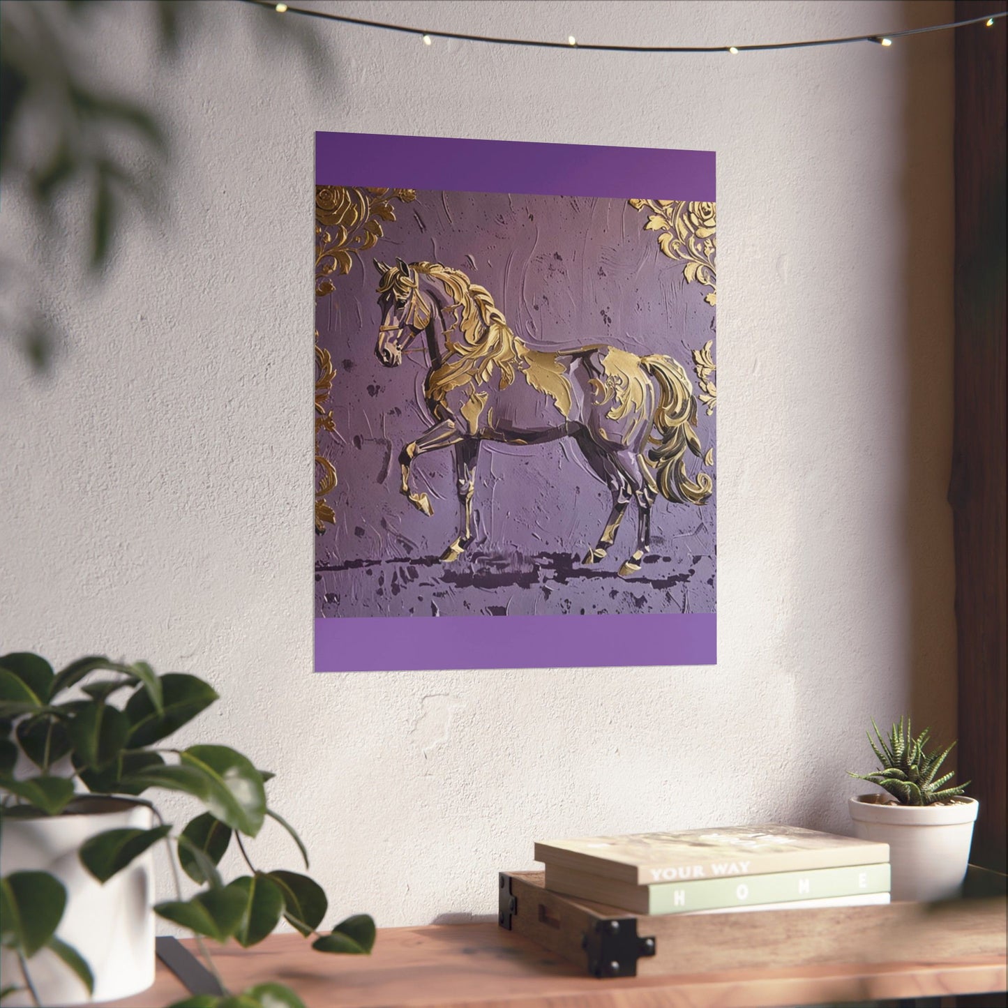 Floral Motif Art Poster - Elegant Matte Vertical Wall Decor - Lavender & Gold Damask Horse