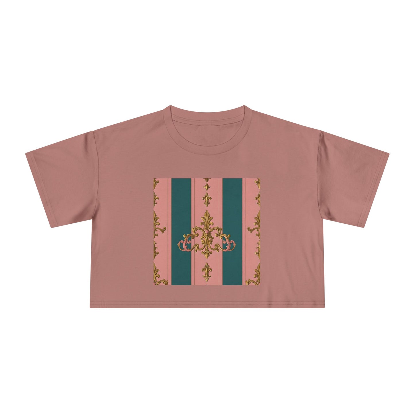 Baroque Vintage Women's Crop Tee, Casual Top, Summer Fashion, Trendy Shirt, Graphic T-Shirt, Gift for Her - Pink & Teal Striped Gold Baroque