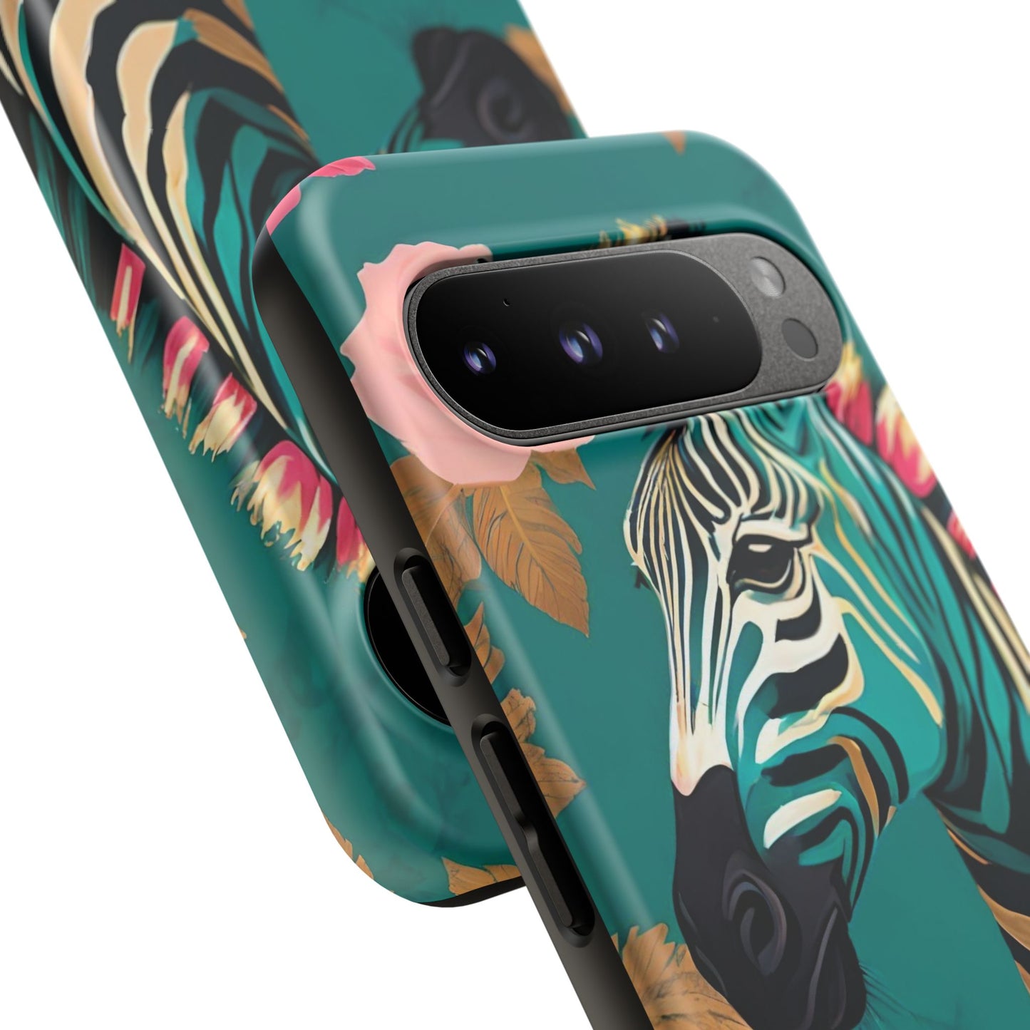 Phone Case - Elegant Teal & Gold Zebra & Roses Design