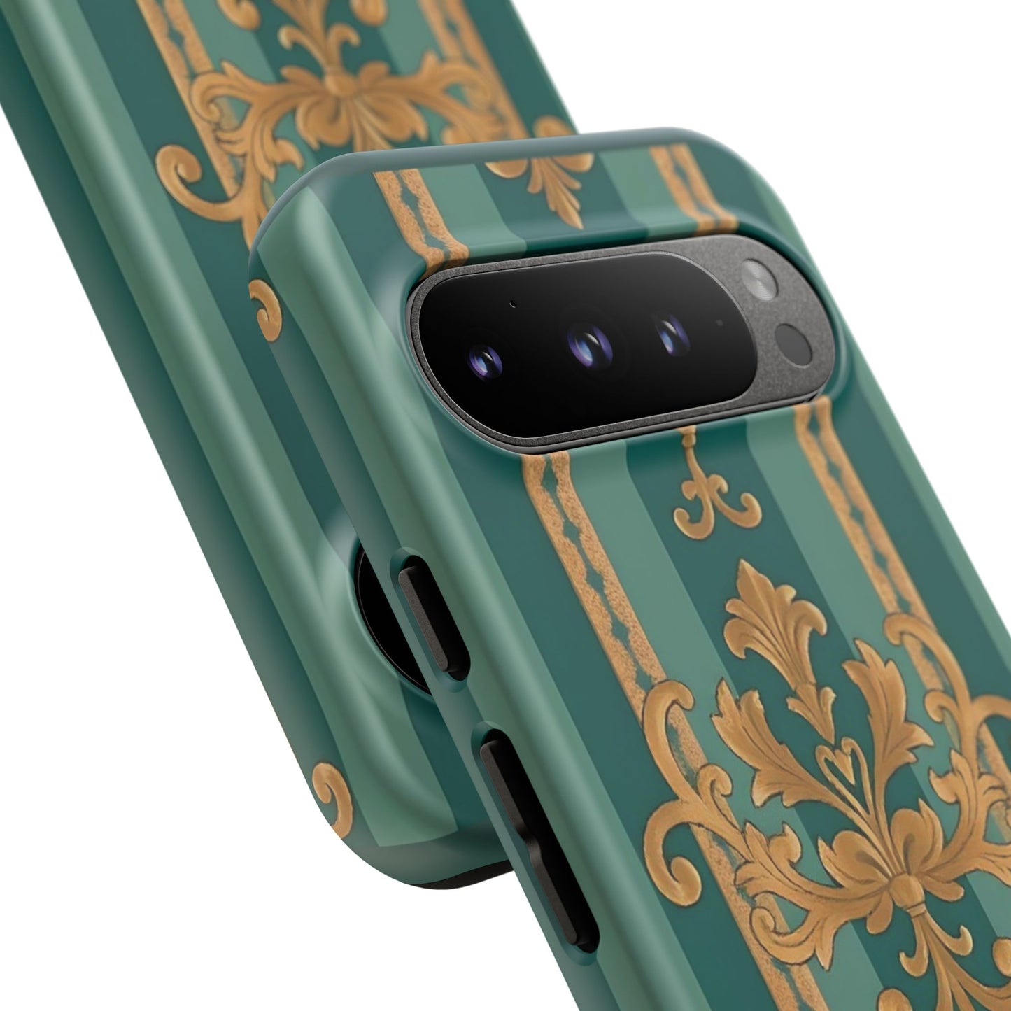 Elegant Floral Motif Phone Case - Tough Cases with Vintage Design - Teal Striped Gold Damask