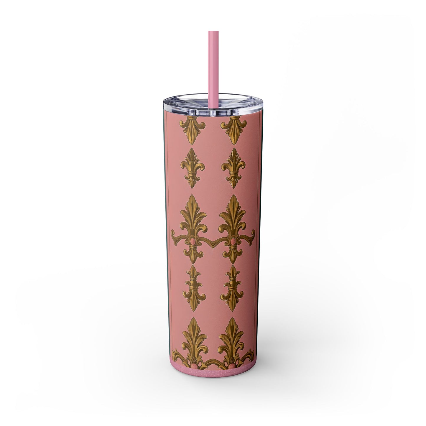 Elegant Pink and Green Skinny Tumbler with Straw, 20oz - Ideal for Gifts, Travel, Home, Events - Pink & Teal Striped Gold Baroque