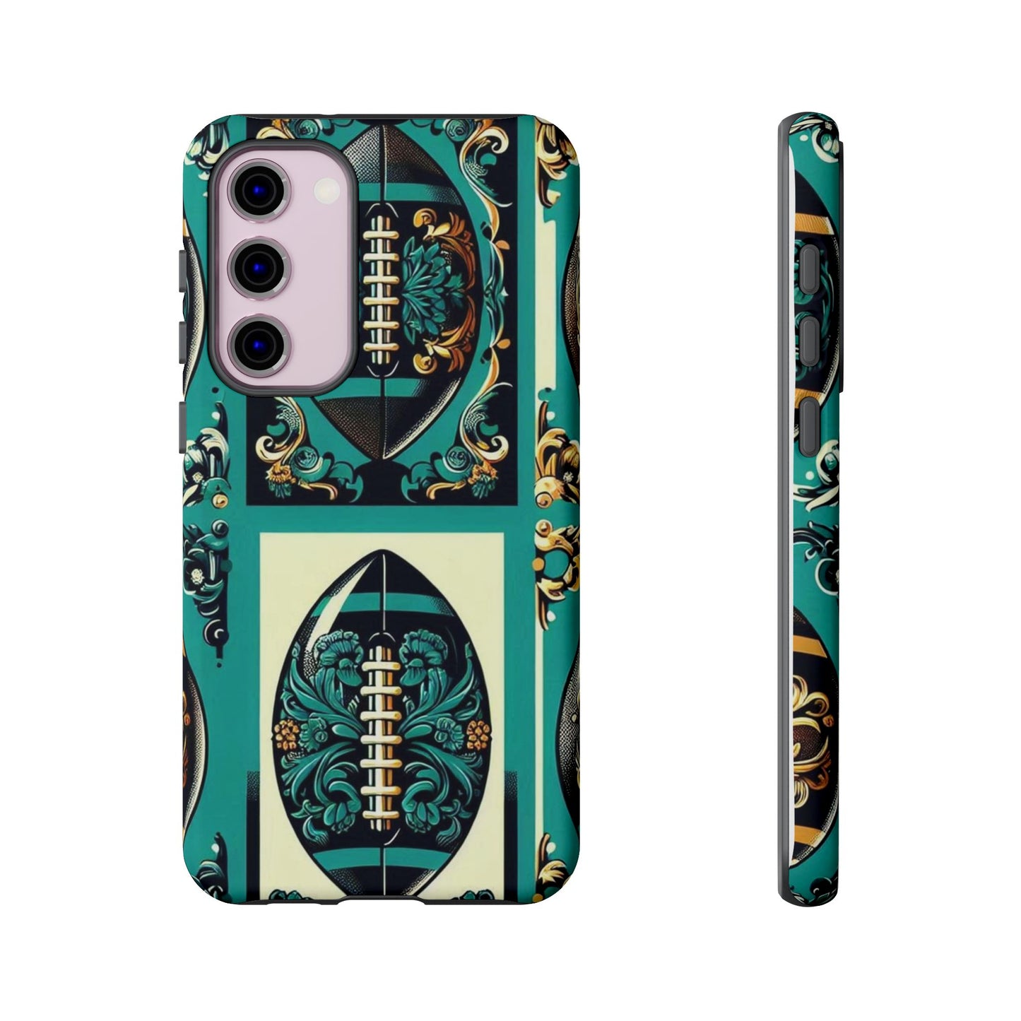 Elegant Floral Motif Phone Case - Tough Cases with Vintage Design -  Damask Teal, Gold & Black Footballs