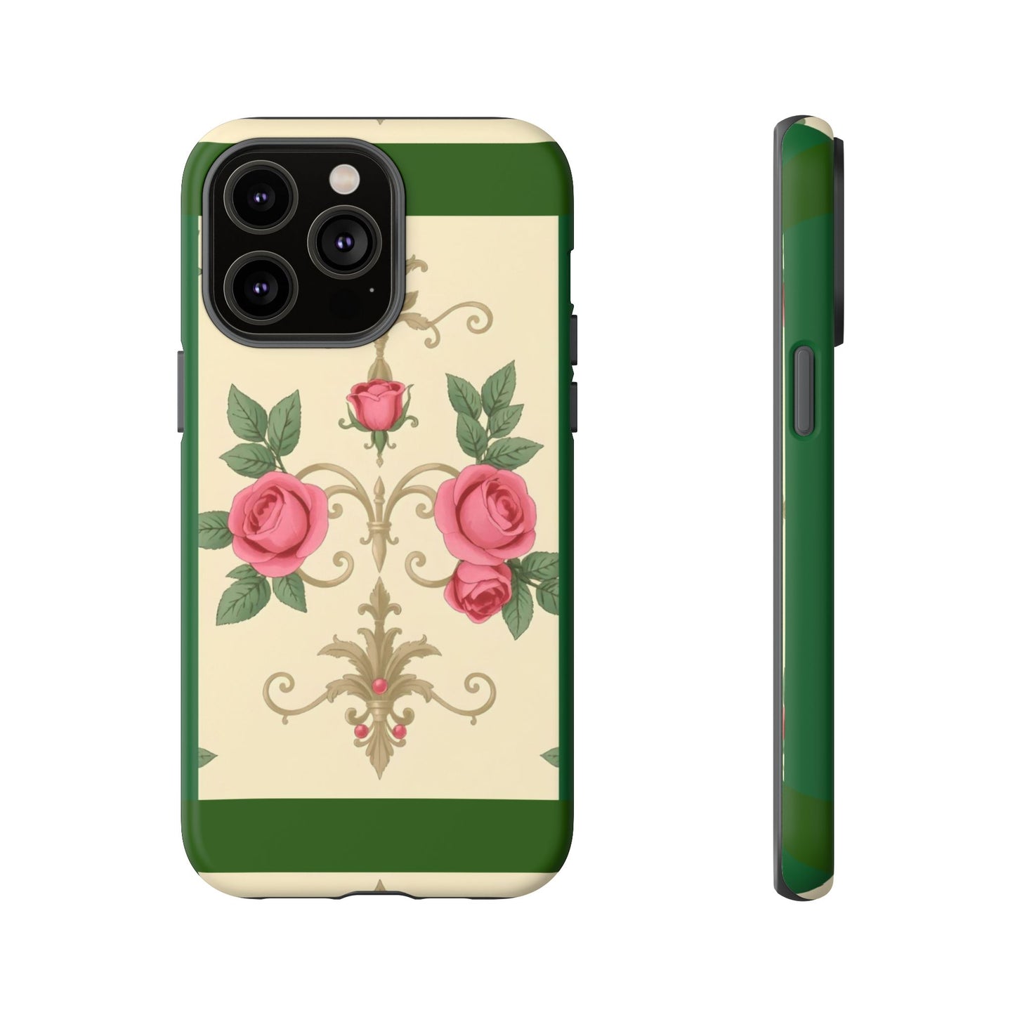 Elegant Floral Motif Phone Case - Tough Cases with Vintage Design - Green Border Roses & Damask