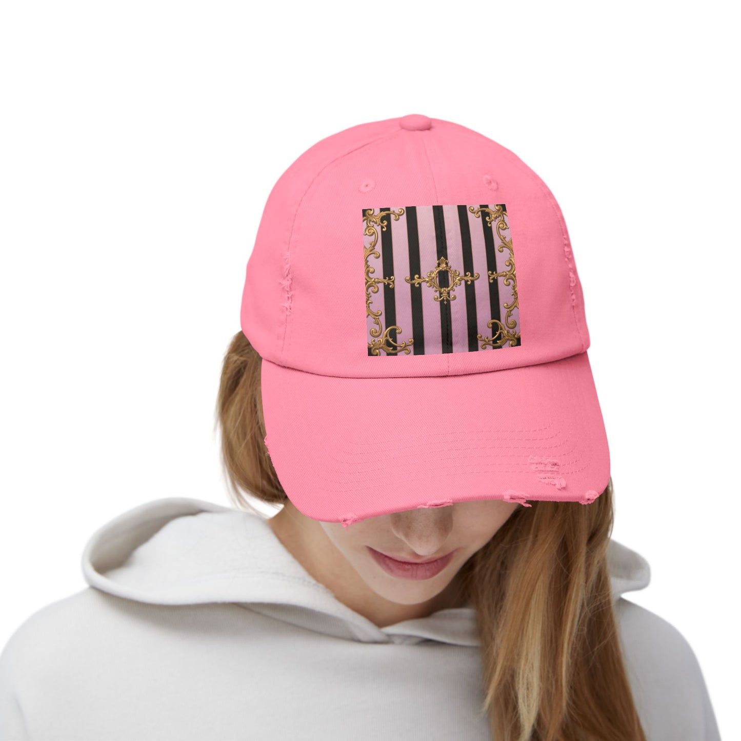 Chic Distressed Cap, Trendy Fashion Accessory, Summer Style Hat, Unique Gift for Her - Matte Lavender & Black Striped Gold Baroque