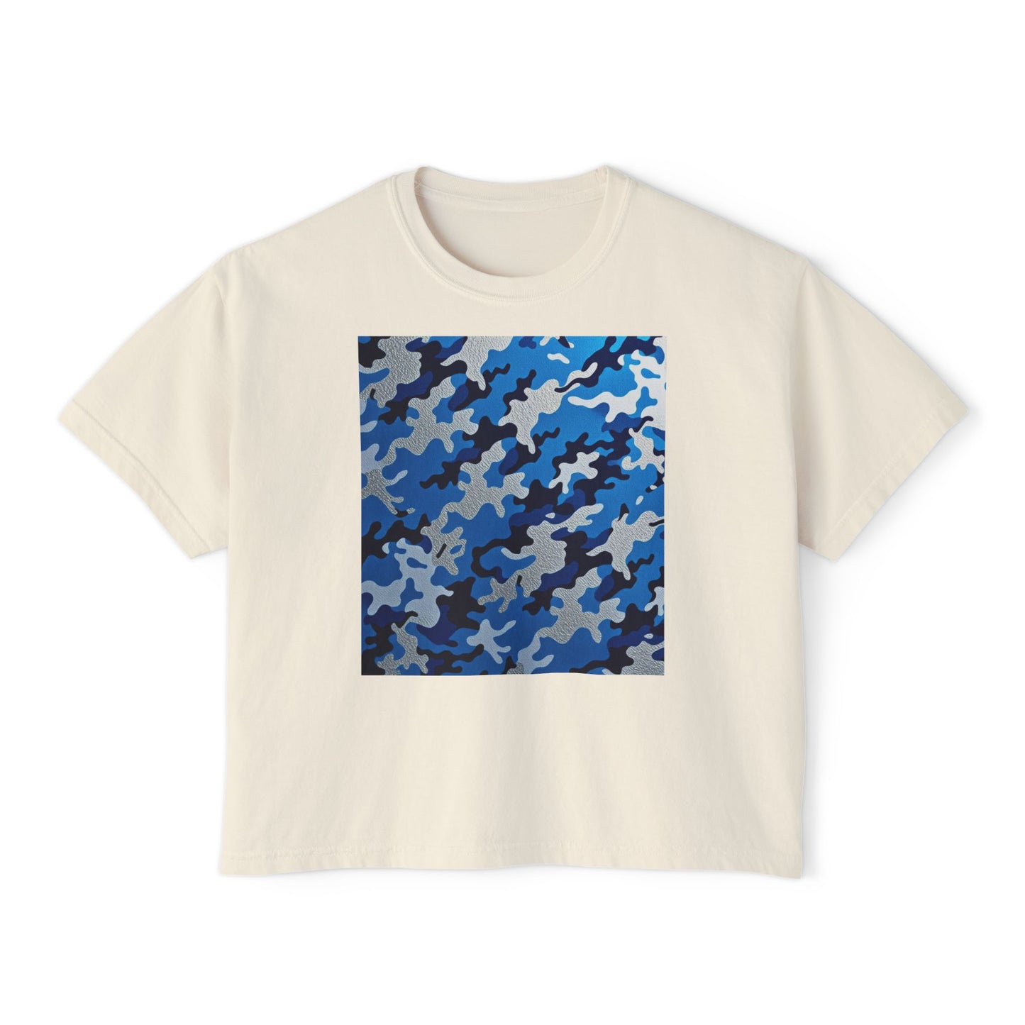 Camo Print Women's Boxy Tee, Casual Top, Summer T-Shirt, Outdoor Wear, Gift for Her, Trendy Fashion - Blue Camo