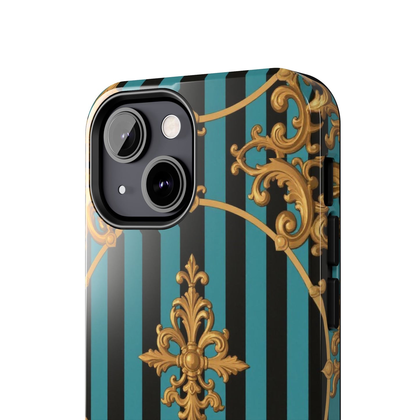 Elegant Turquoise & Black Striped Gold Baroque Phone Case, Tough Phone Cases for Fashion Lovers, Gift for Her, Luxury Accessories