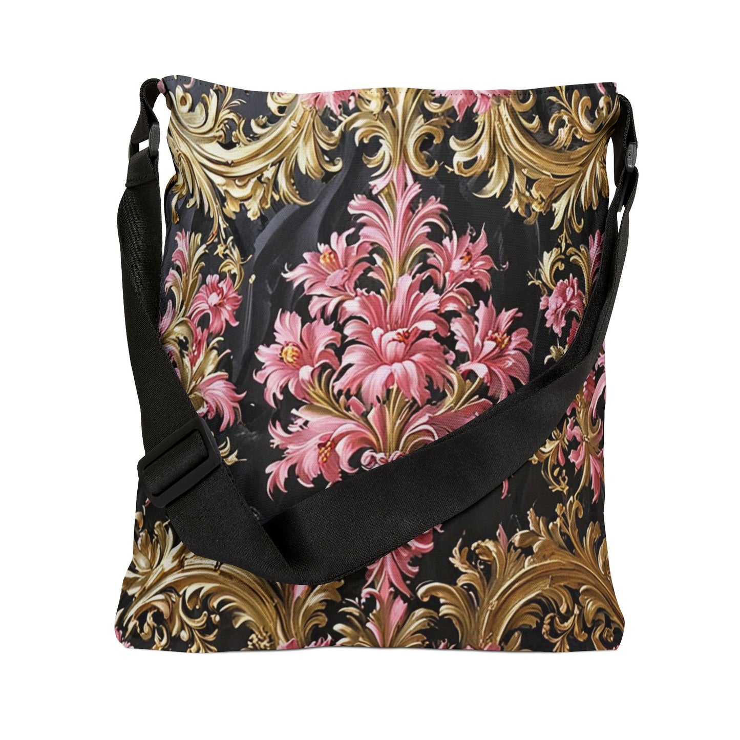 Elegant Floral Adjustable Tote Bag, Stylish Purse, Travel Bag, Women's Handbag, Fashion Accessory - Black & Pink Oil Painting Style Rococo