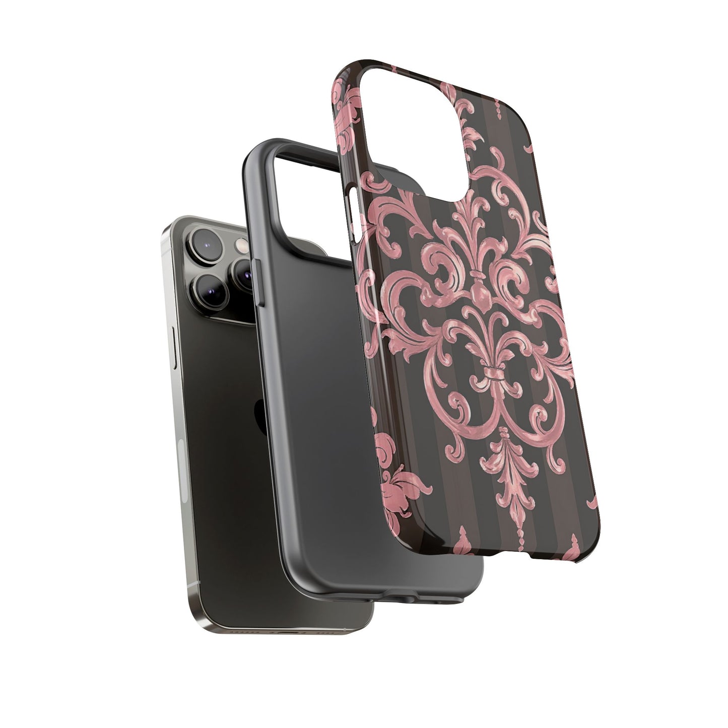 Elegant Floral Motif Phone Case - Tough Cases with Vintage Design - Brown Striped Mauve Damask