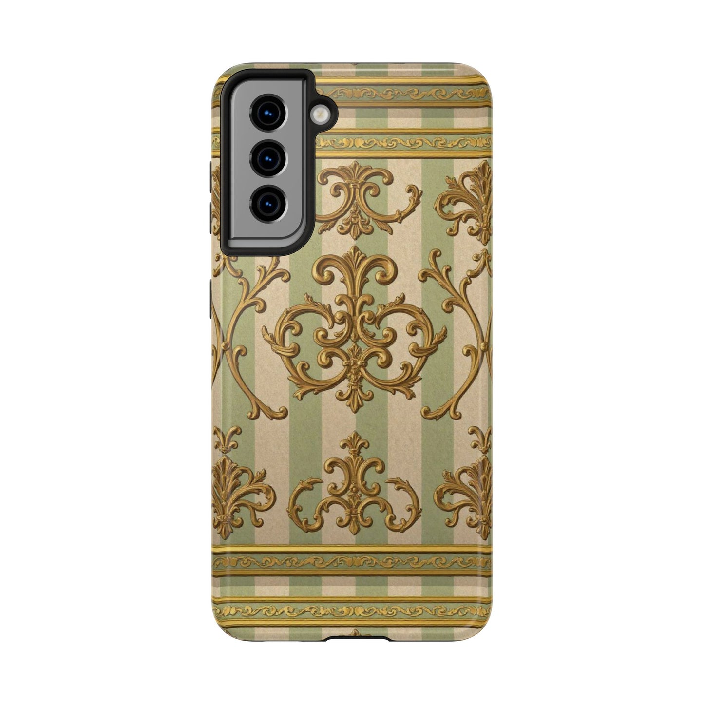 Vintage Elegance Phone Case, Tough Phone Cases for Style, Gift for Birthdays, Stylish Protection - Mint Green & Beige Striped Gold Baroque
