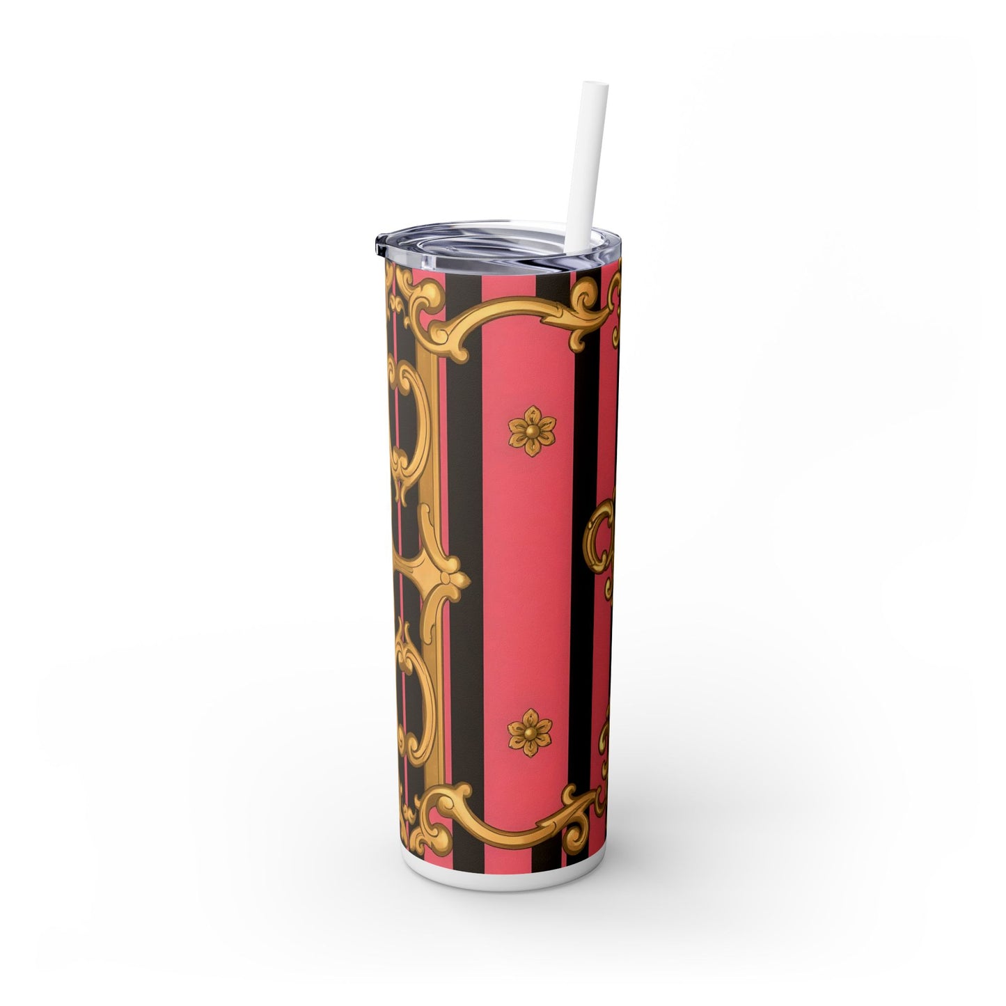 Chic Pink Striped Skinny Tumbler, 20oz | Elegant Travel Mug, Perfect Gift for Birthdays - Pink & Black Striped Gold Baroque