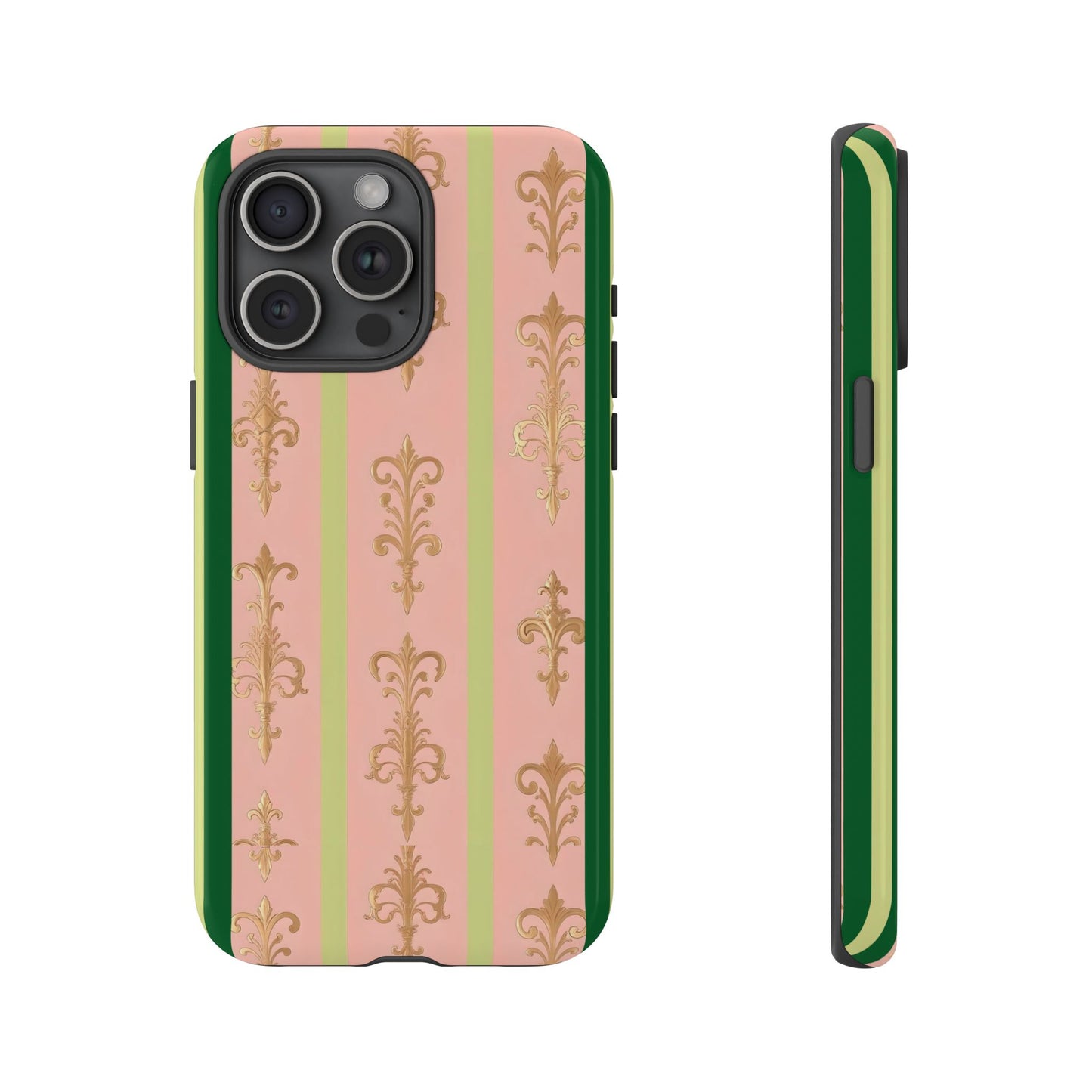 Elegant Floral Motif Phone Case - Tough Cases with Vintage Design - Lime Green & Pink Striped Damask