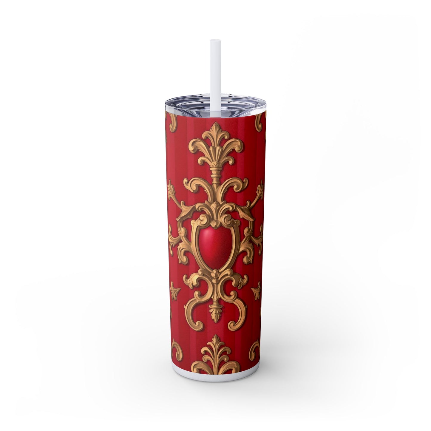 Elegant Red Ornate Skinny Tumbler, Stylish Travel Mug with Straw, Perfect for Gifts, Home Office - Blue, Red & White Striped Baroque