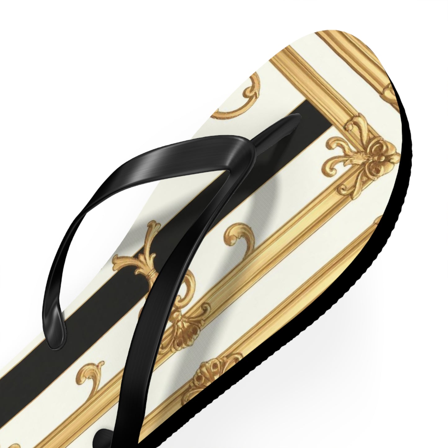 Chic Flip Flops with Elegant Design, Summer Sandals, Perfect Beach Footwear, Vacation Footwear - Black & White Striped Gold Baroque