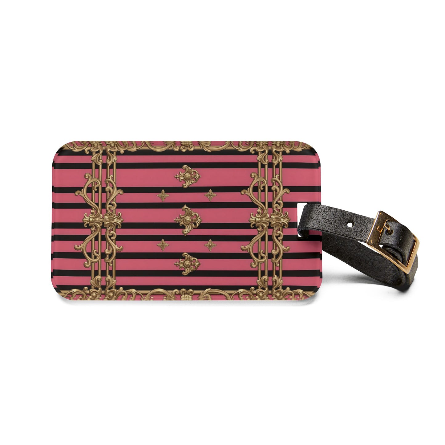 Chic Travel Luggage Tag - Stylish Baggage Identifier, Personalized Travel Accessory, Unique Gift for Travelers - Pink Striped Gold Rococo
