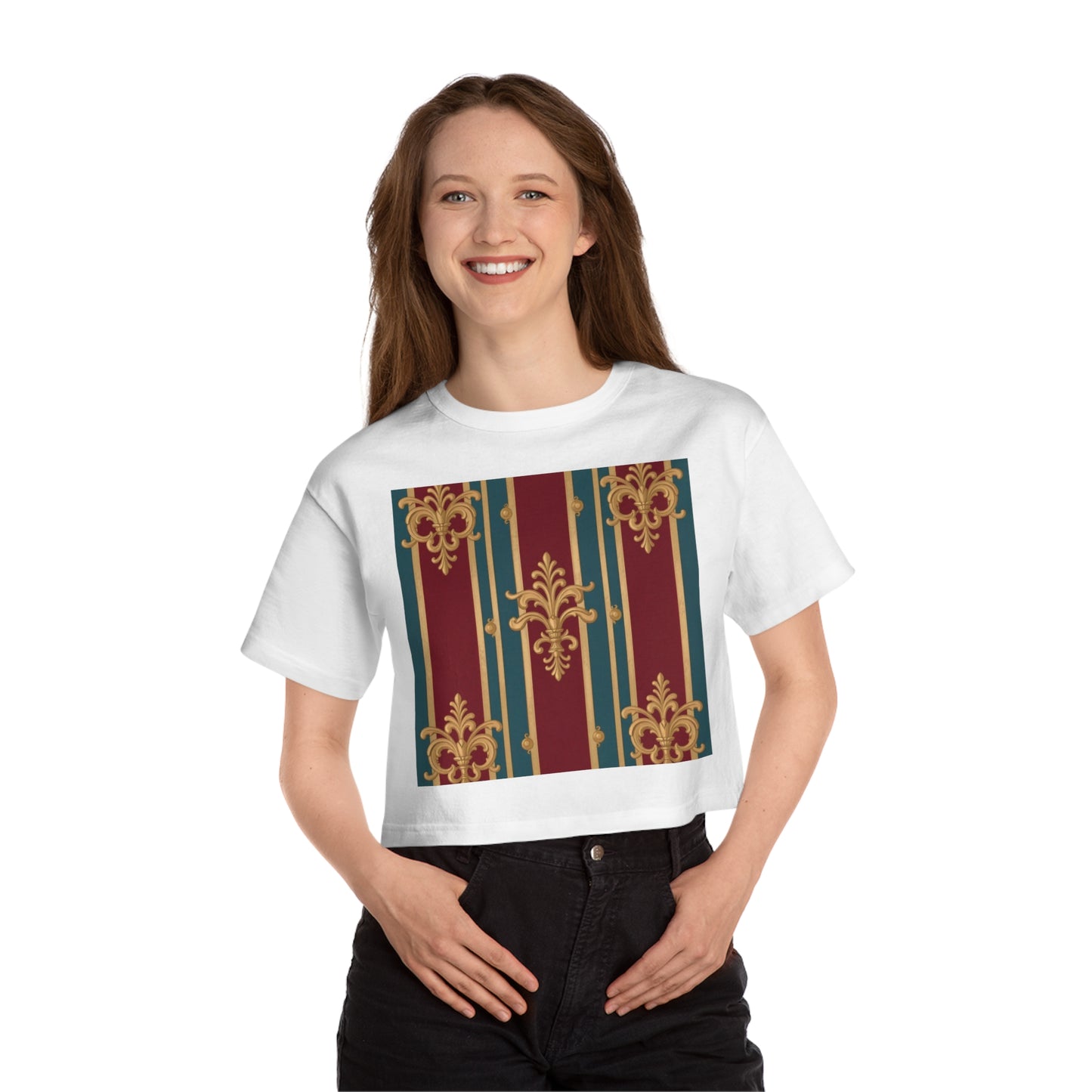 Cropped T-Shirt with Baroque Design | Trendy Women's Top | Perfect for Casual Wear, Festivals - Burgundy Striped Gold Baroque