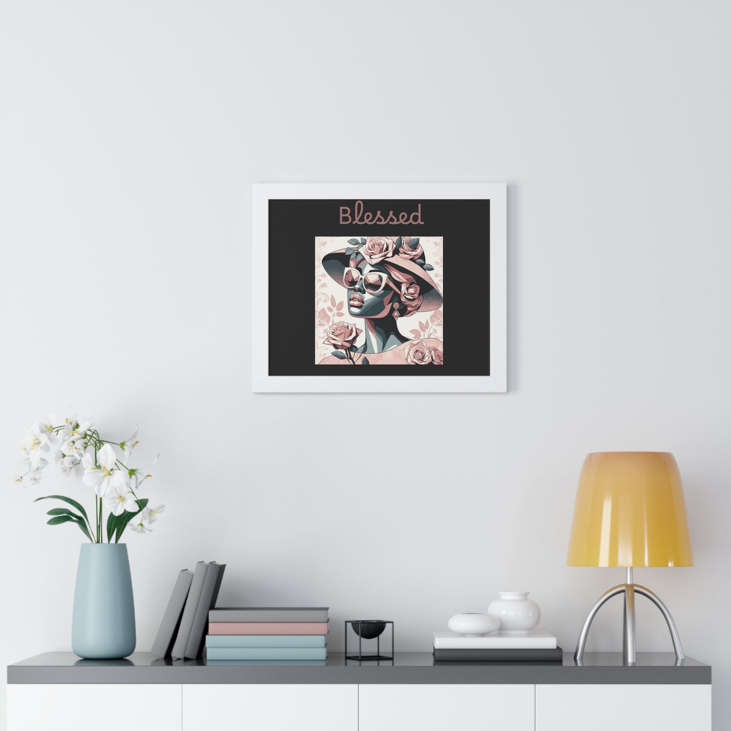 Framed Art Print: Blessed Floral Wall Decor, Inspirational Home Gift, Boho Art for Living Room, Stylish Gift for Friends, Modern Wall Art