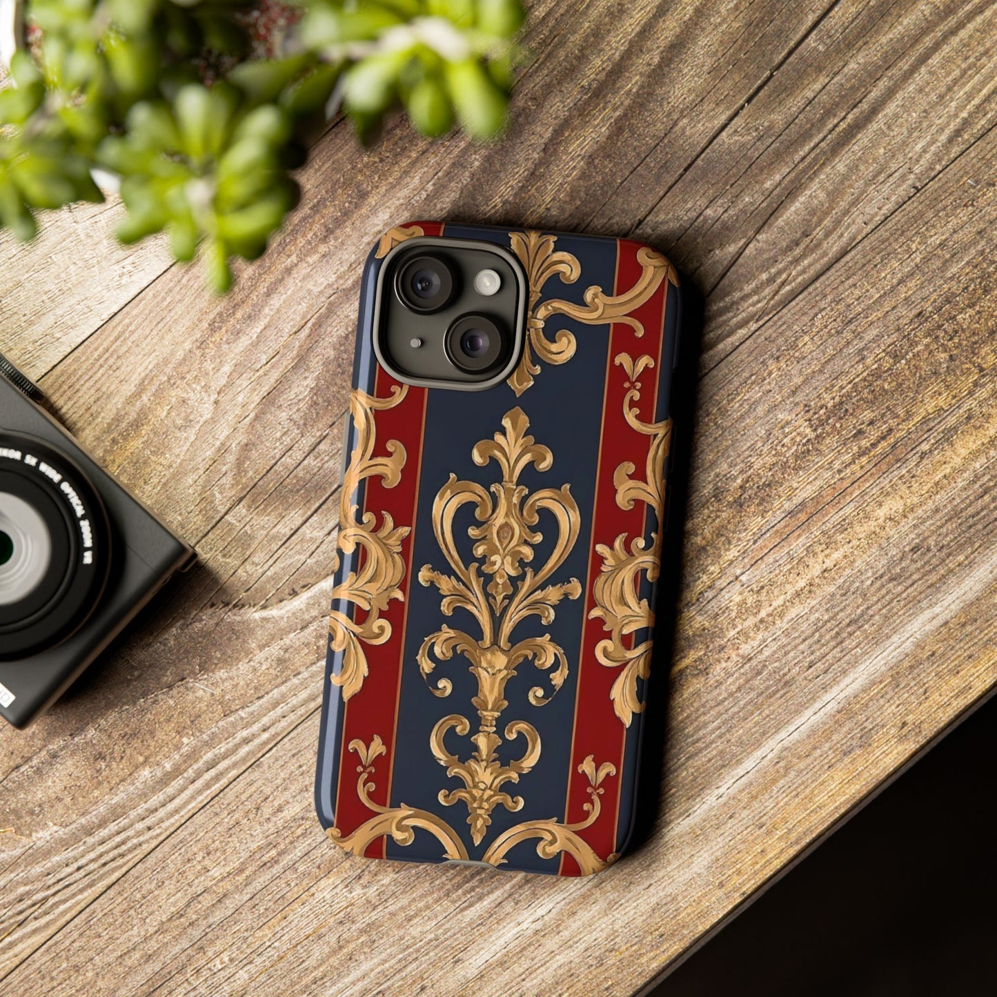 Elegant Floral Motif Phone Case - Tough Cases with Vintage Design - Midnight Blue & Dusk Red Striped Gold Damask