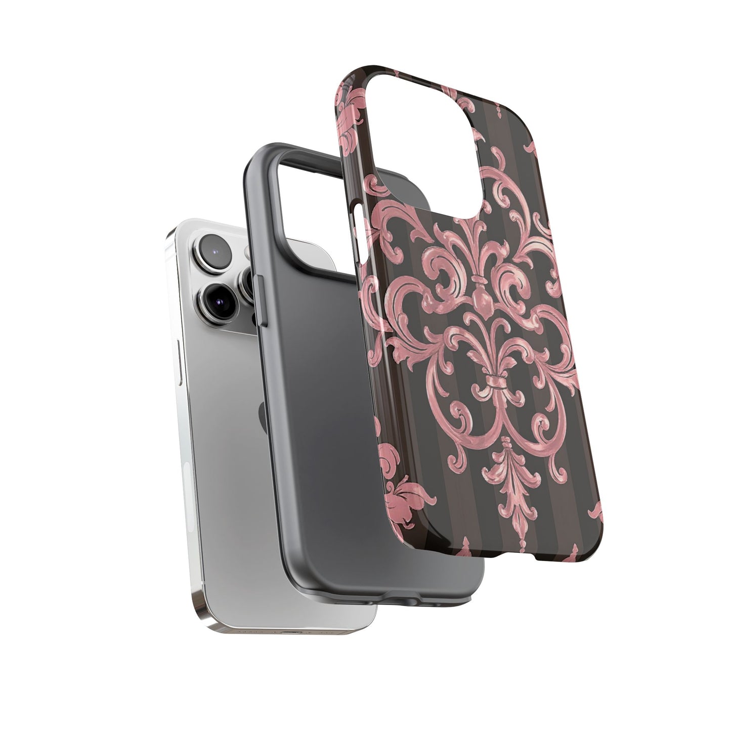 Elegant Floral Motif Phone Case - Tough Cases with Vintage Design - Brown Striped Mauve Damask